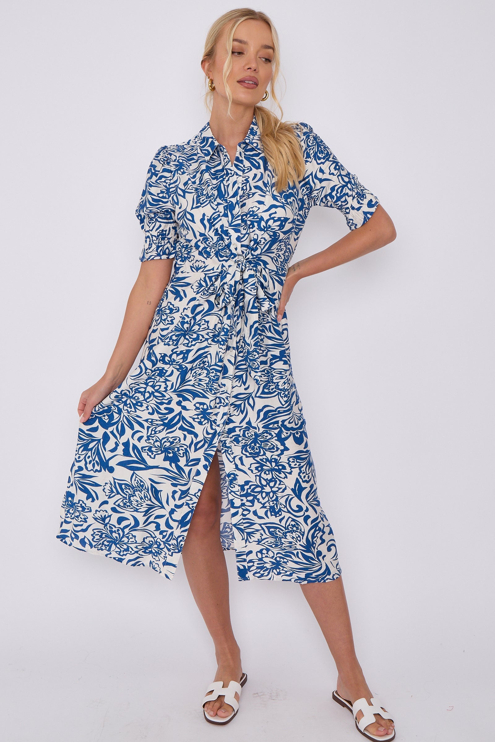 Blue Floral Print Baloon Sleeve Knotted Midi Dress LS-2405-CW3