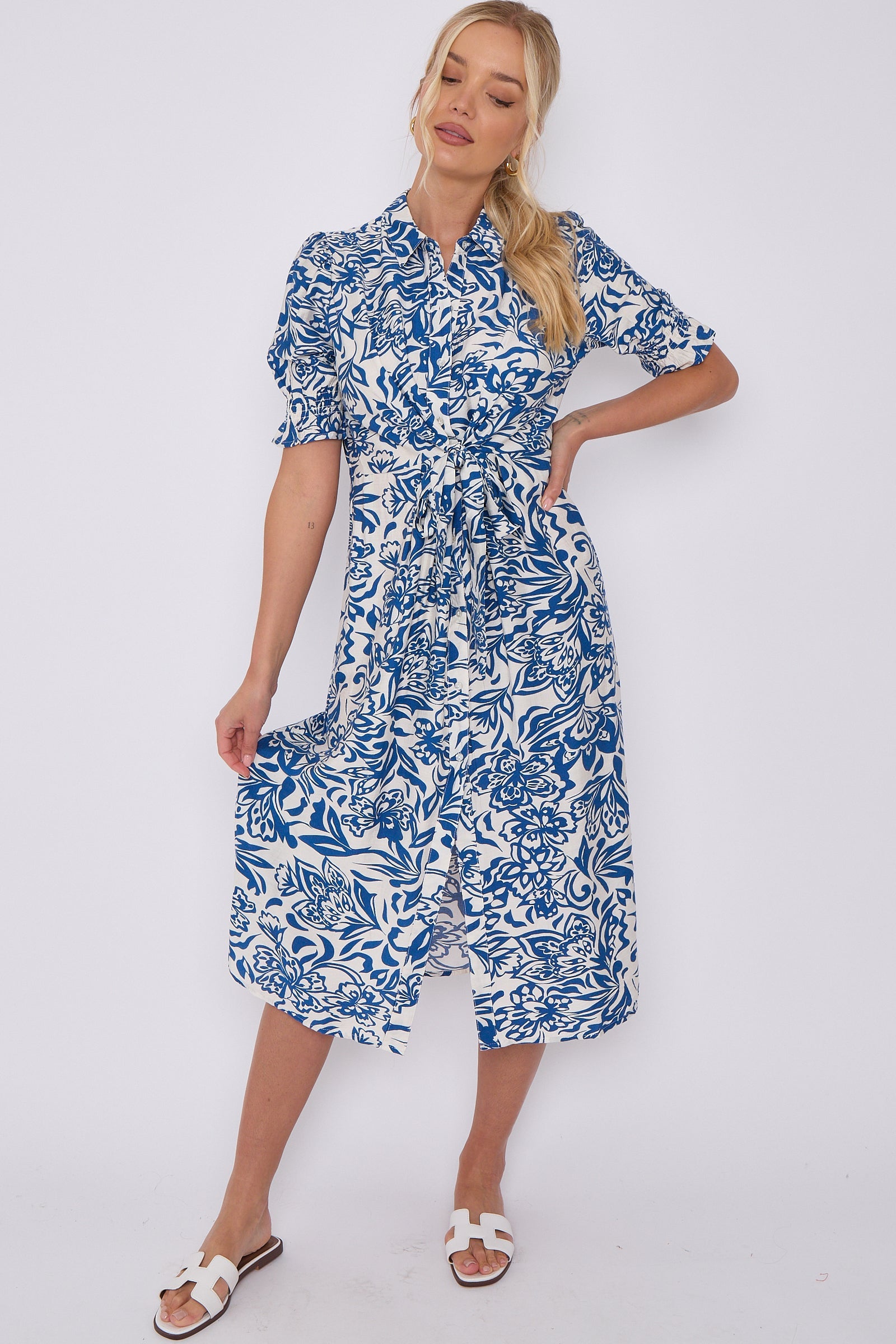 Blue Floral Print Baloon Sleeve Knotted Midi Dress LS-2405-CW3