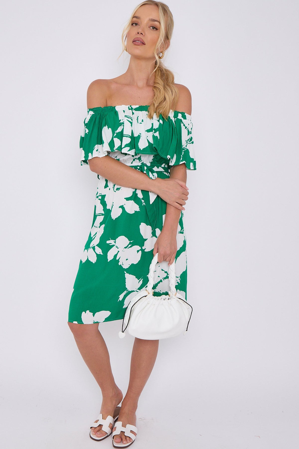 Green Floral Print Bardot Mini Dress LS-2411S-KC3