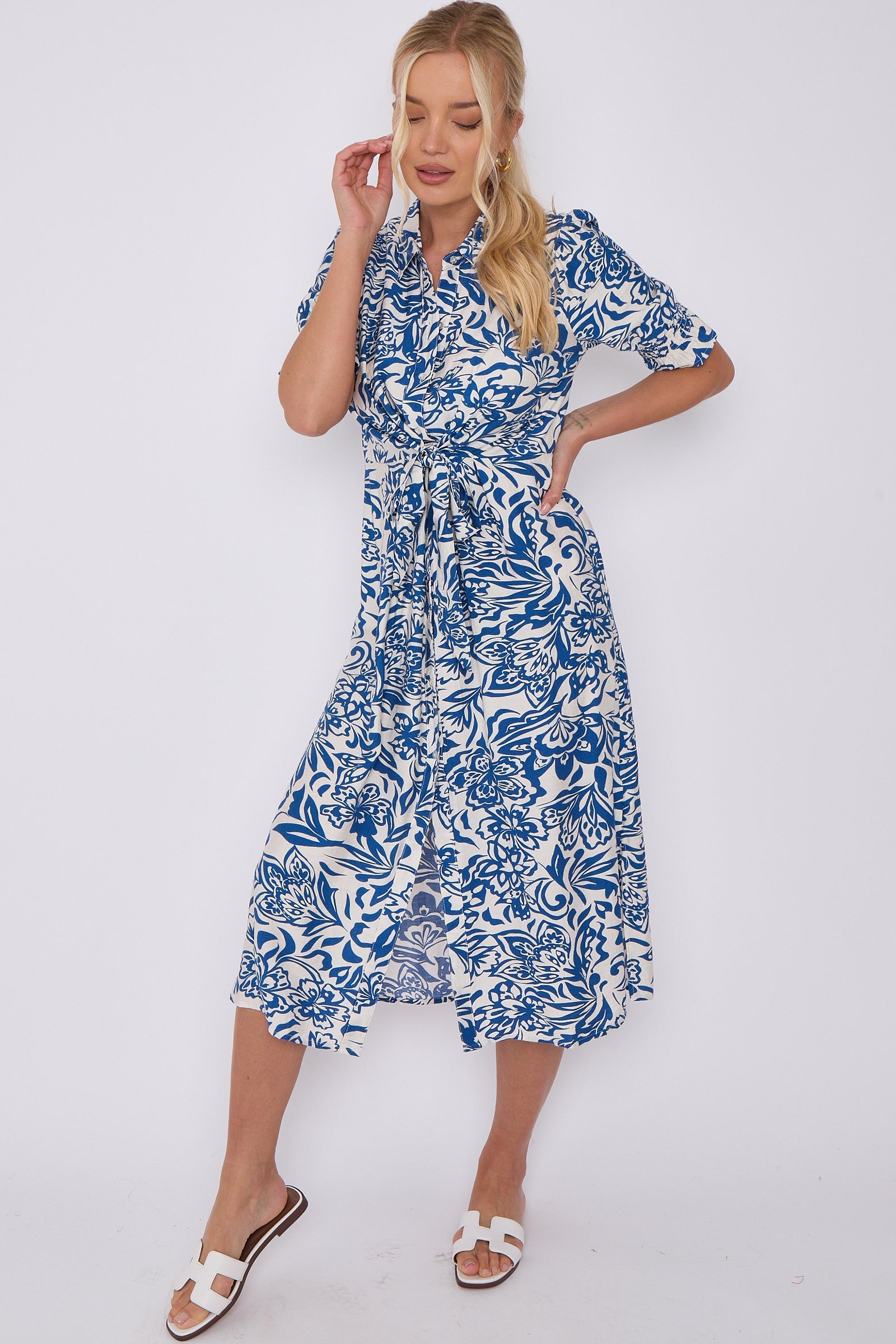 Blue Floral Print Baloon Sleeve Knotted Midi Dress LS-2405-CW3