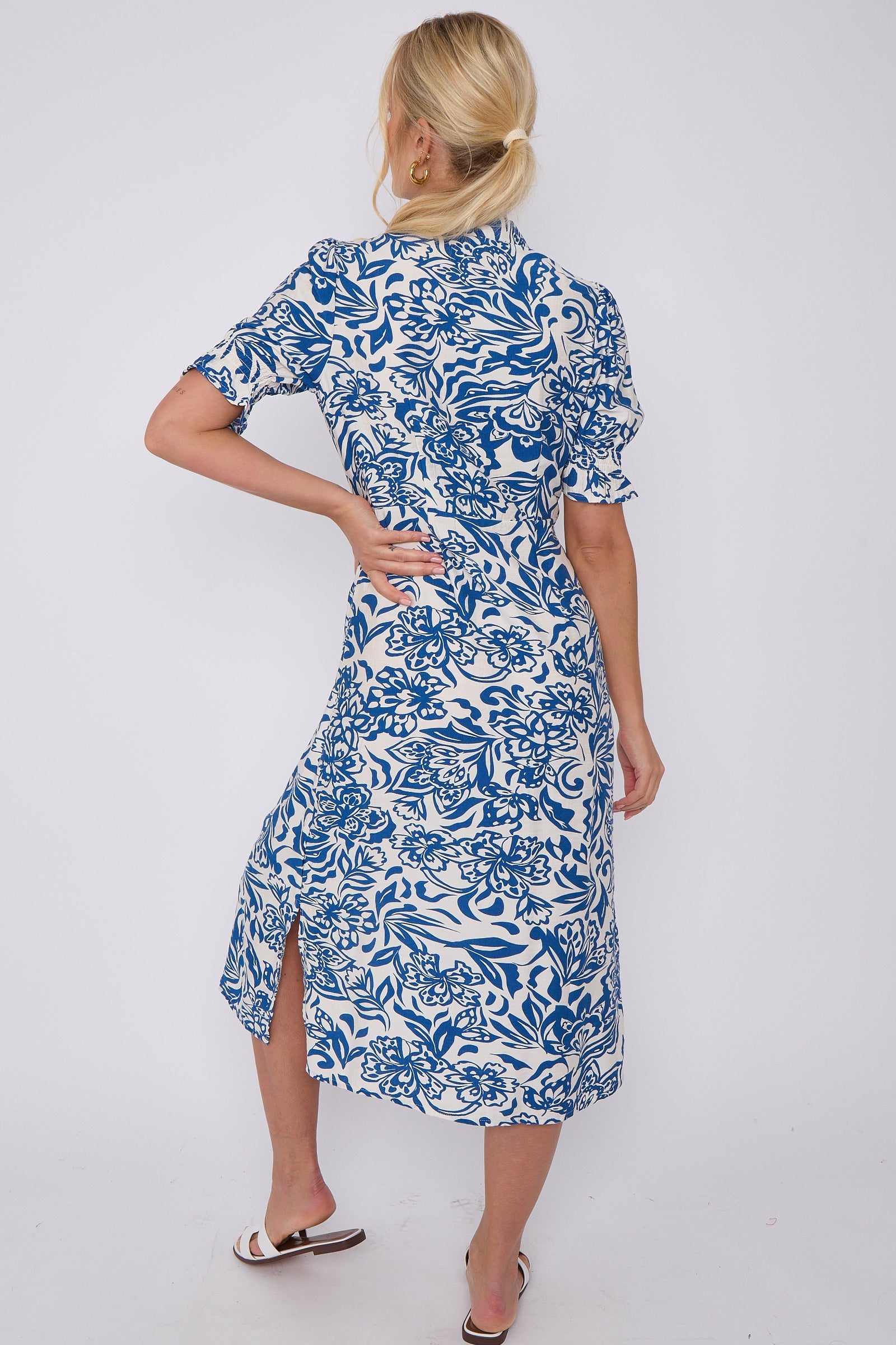 Blue Floral Print Baloon Sleeve Knotted Midi Dress LS-2405-CW3