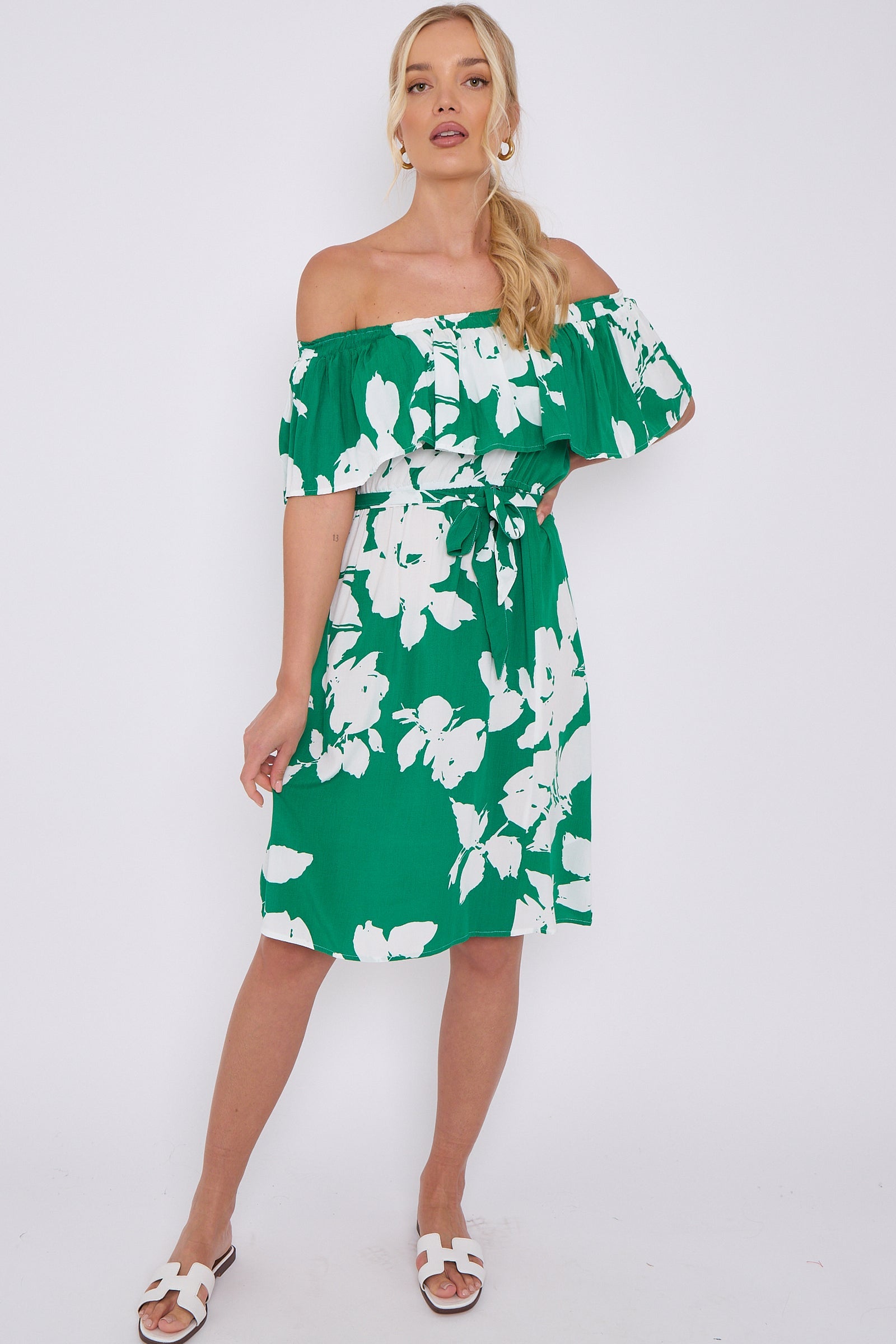 Green Floral Print Bardot Mini Dress LS-2411S-KC3