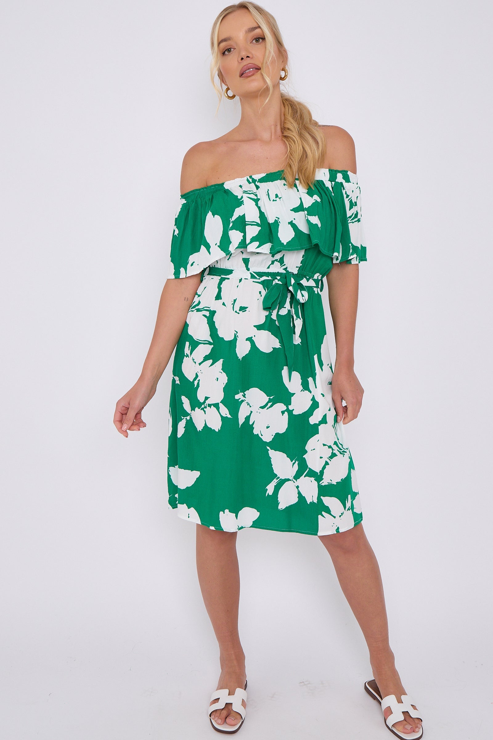 Green Floral Print Bardot Mini Dress LS-2411S-KC3