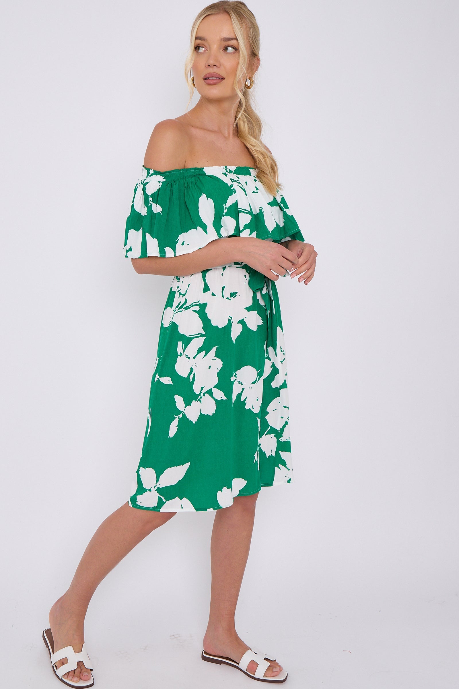 Green Floral Print Bardot Mini Dress LS-2411S-KC3