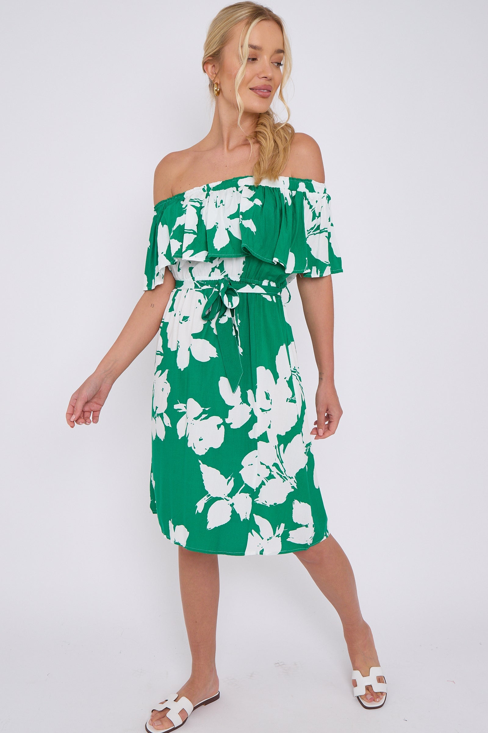 Green Floral Print Bardot Mini Dress LS-2411S-KC3