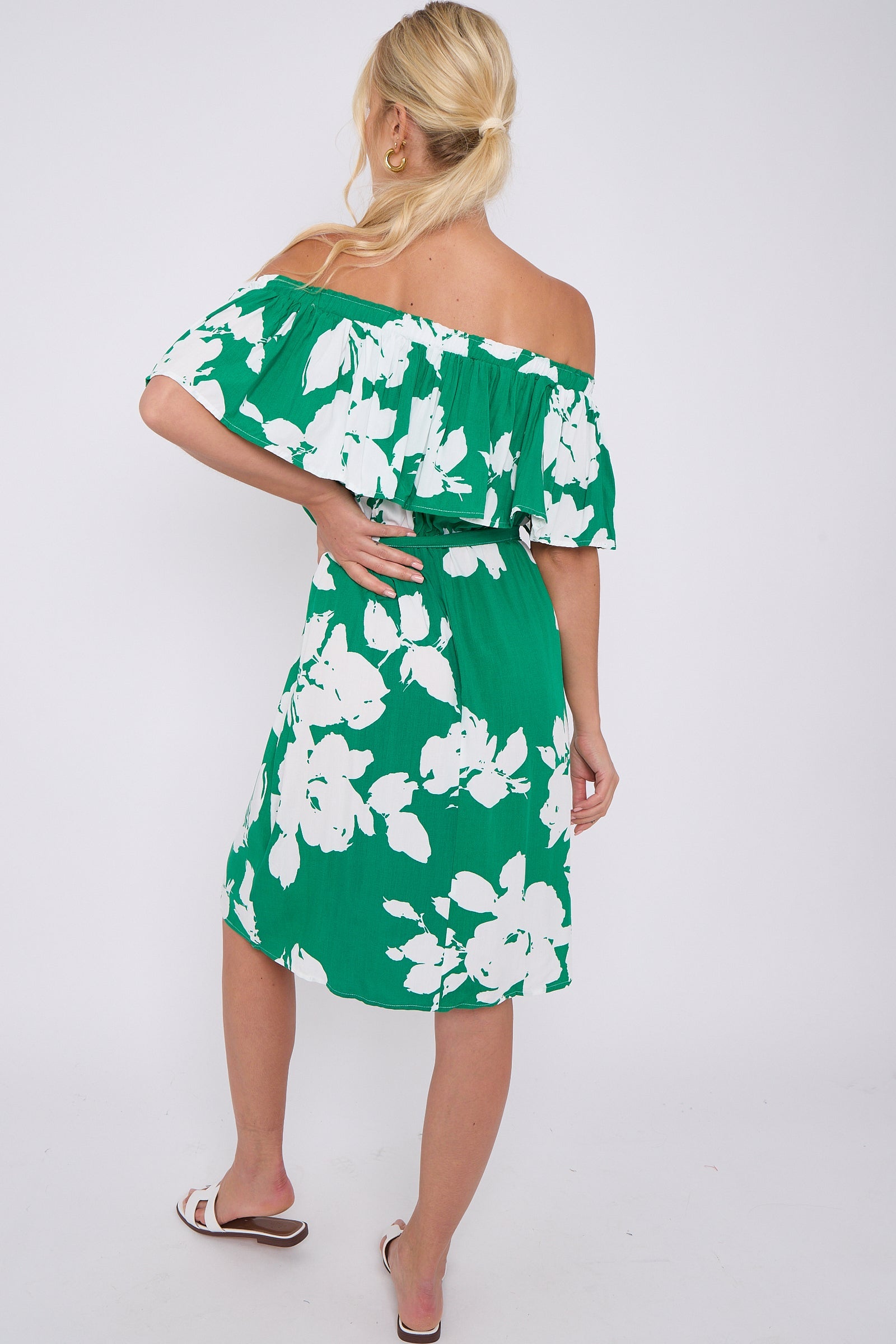 Green Floral Print Bardot Mini Dress LS-2411S-KC3