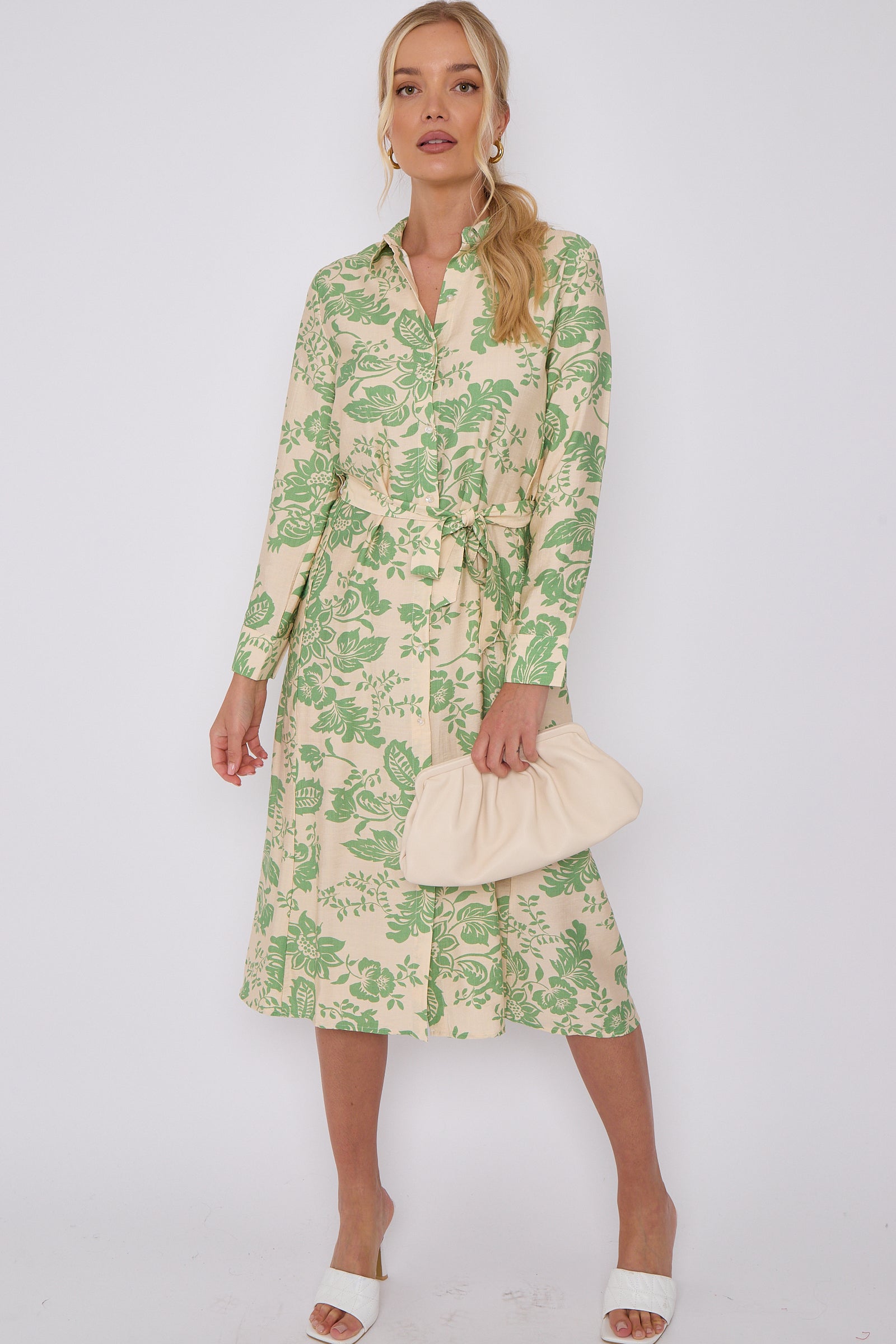 Green Floral Print Long Sleeve Midi Shirt Dress LS-2430-EM4