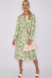 LOVE SUNSHINE Green Floral Print Long Sleeve Midi Shirt Dress