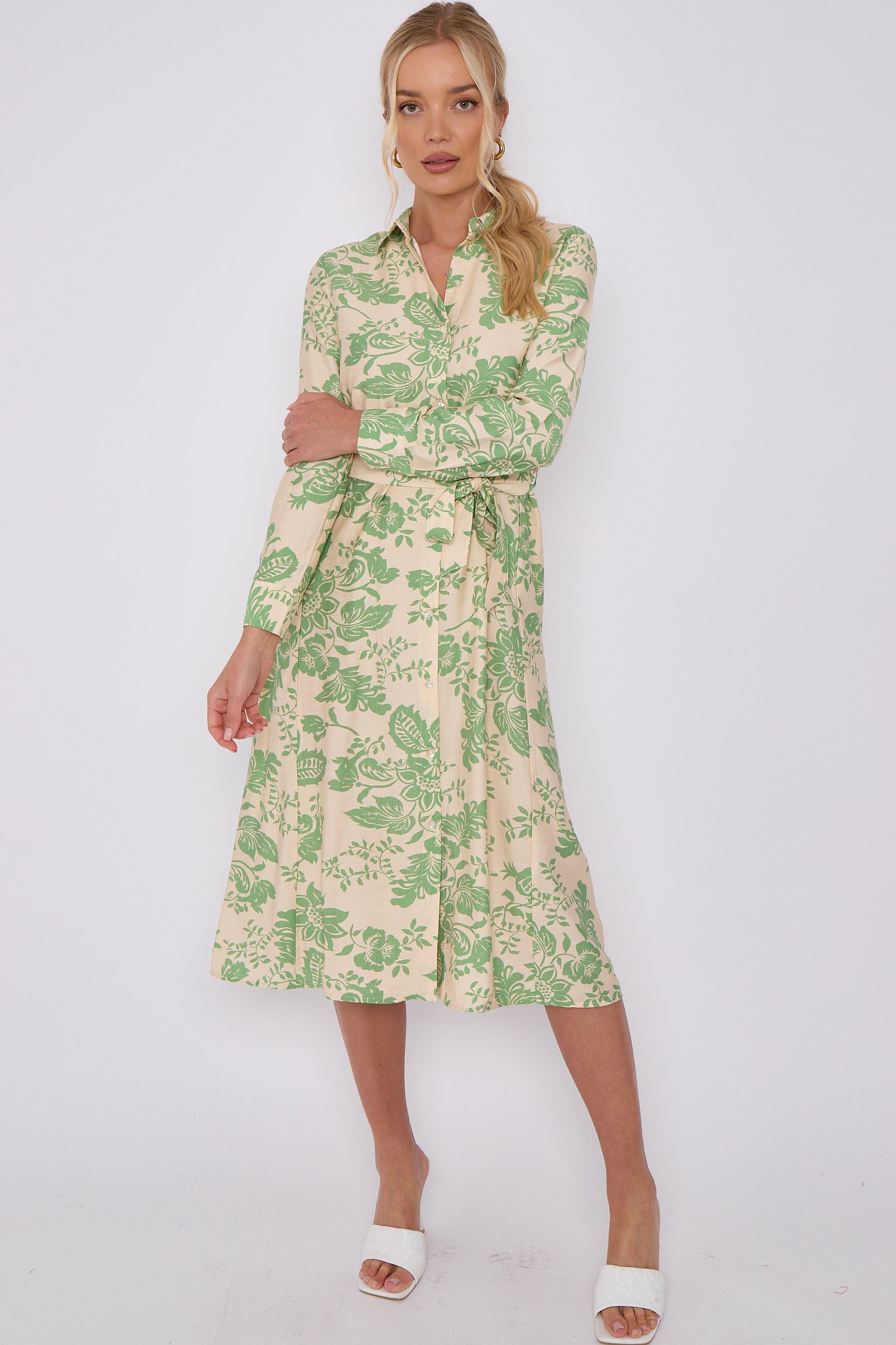 Green Floral Print Long Sleeve Midi Shirt Dress LS-2430-EM4