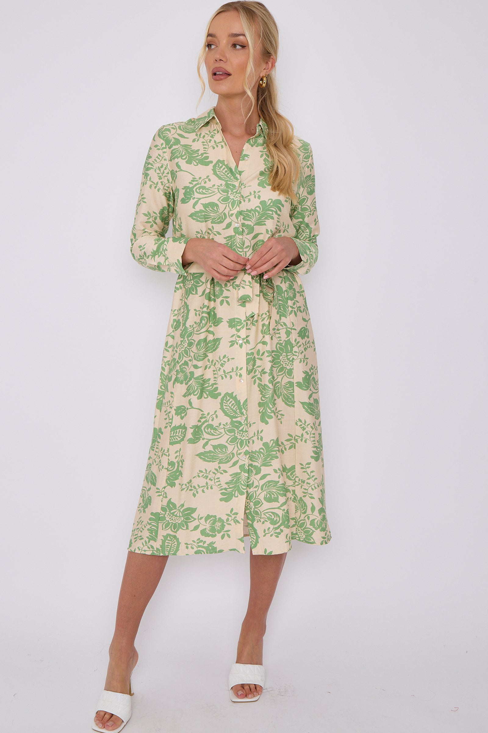 Green Floral Print Long Sleeve Midi Shirt Dress LS-2430-EM4