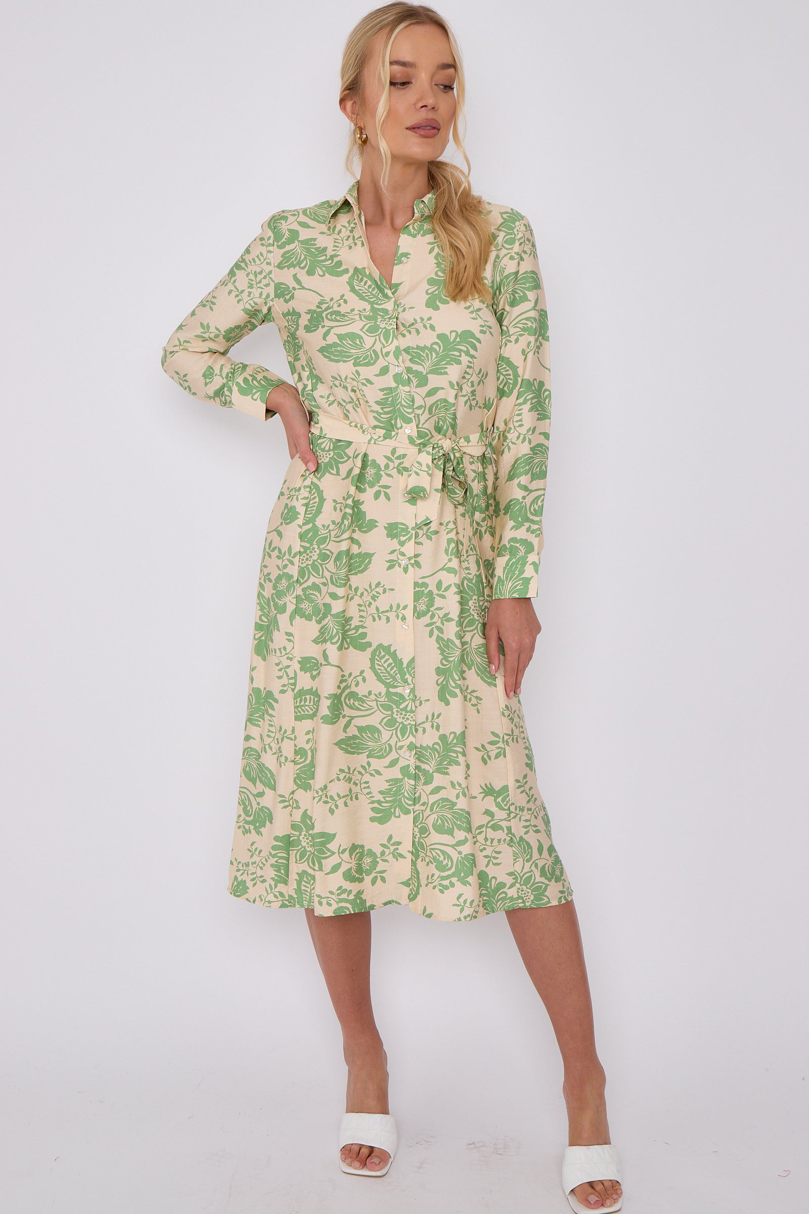 Green Floral Print Long Sleeve Midi Shirt Dress LS-2430-EM4