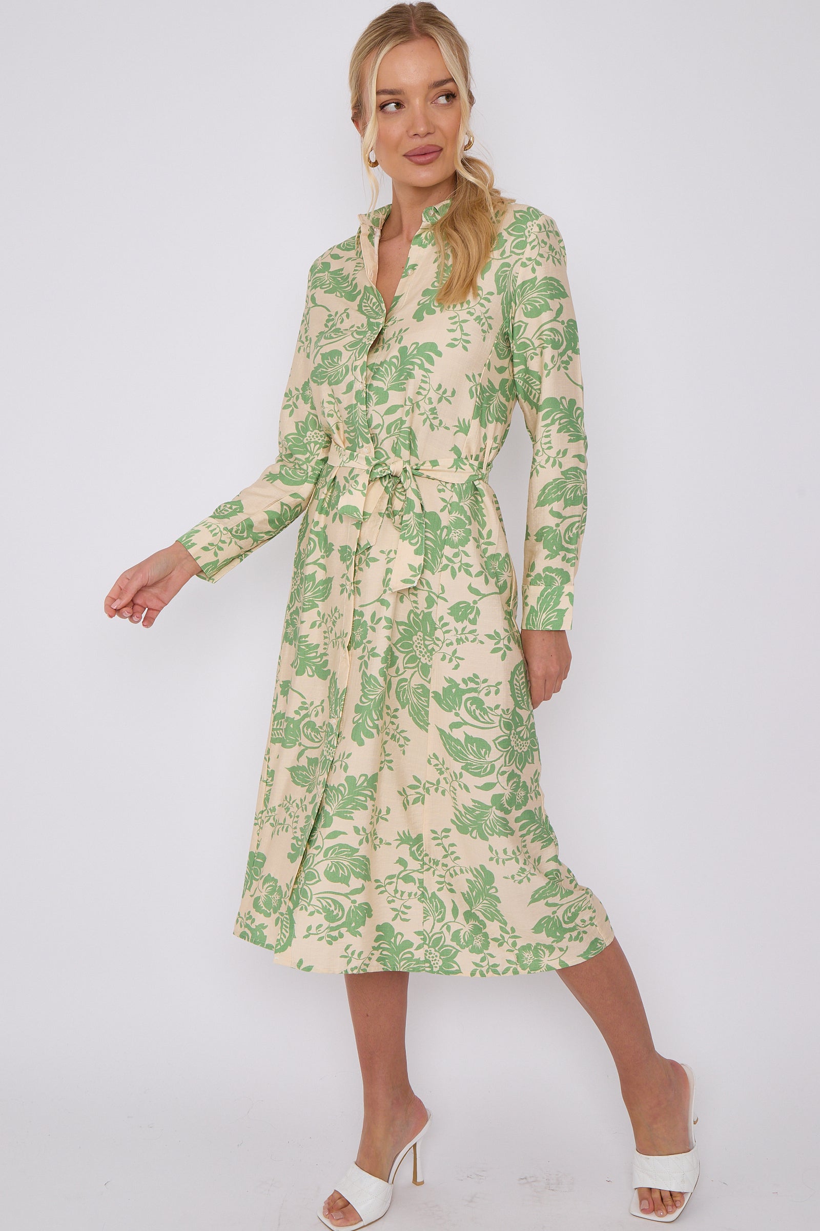 Green Floral Print Long Sleeve Midi Shirt Dress LS-2430-EM4