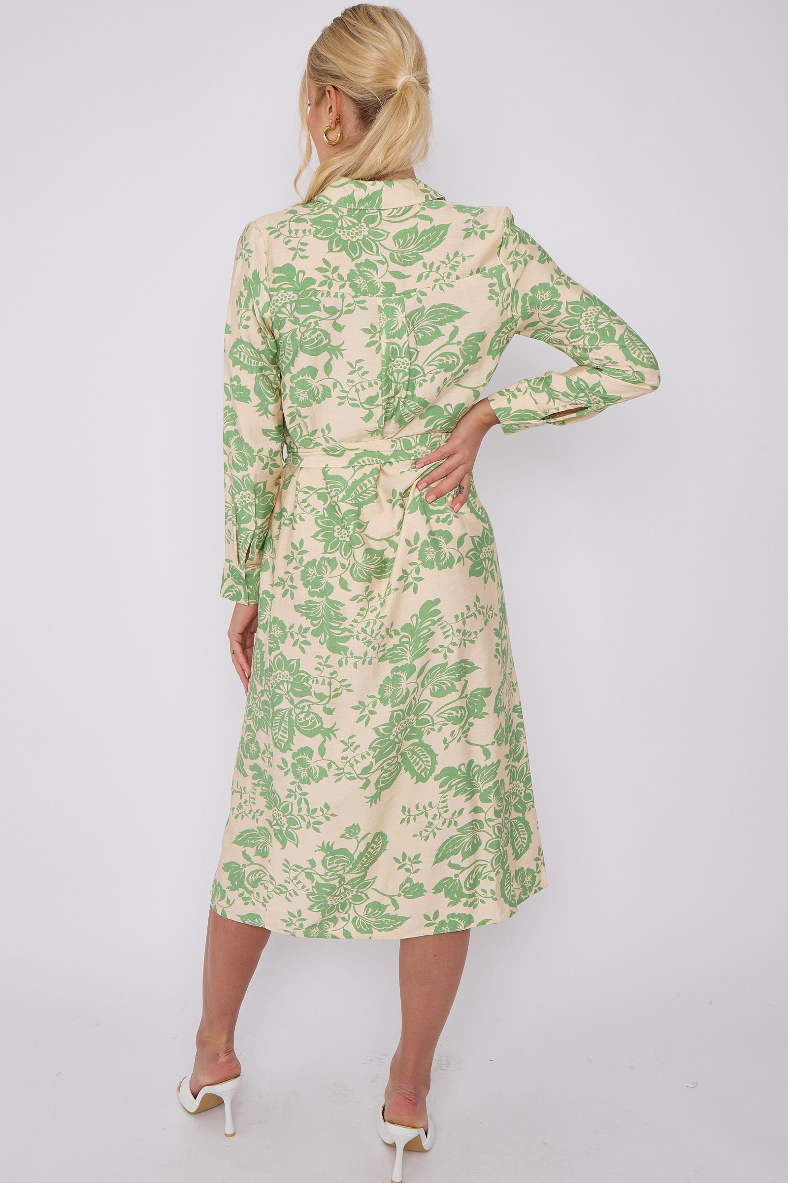 Green Floral Print Long Sleeve Midi Shirt Dress LS-2430-EM4