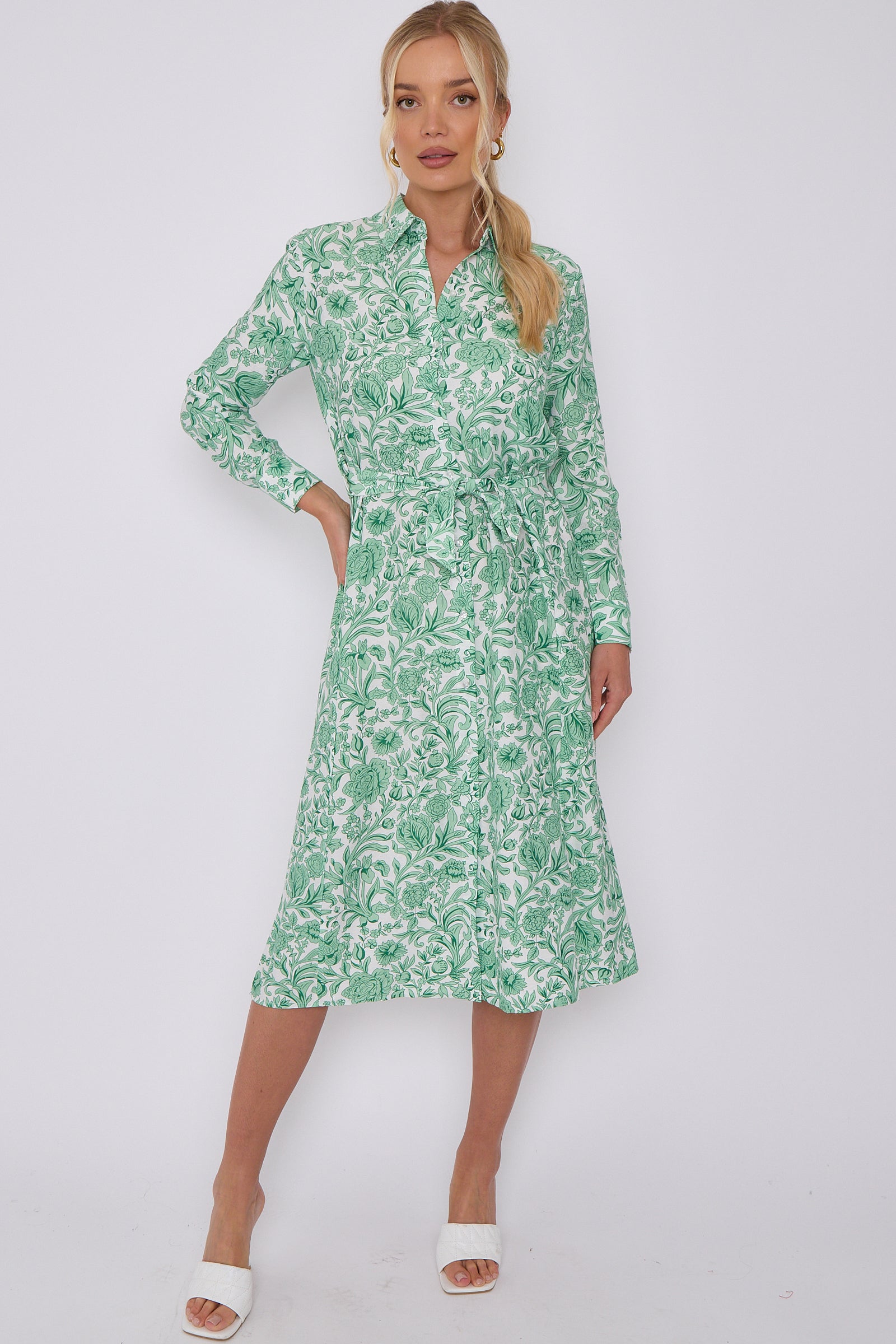 Green Rose Floral Print Long Sleeve Midi Shirt Dress LS-2430-EM2