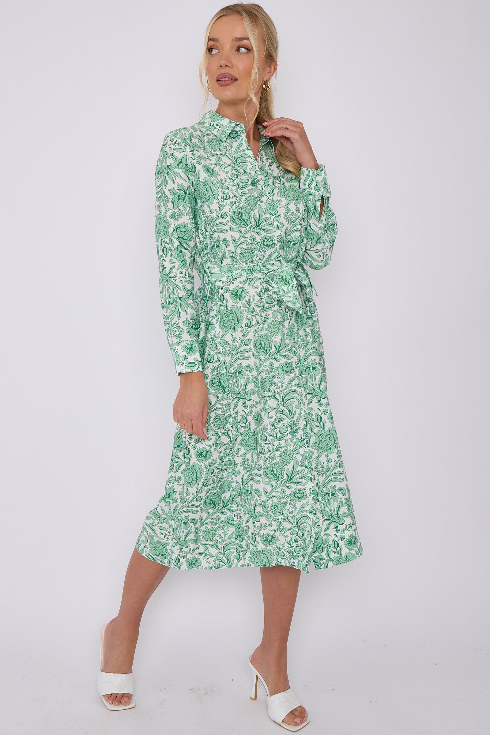 Green Rose Floral Print Long Sleeve Midi Shirt Dress LS-2430-EM2