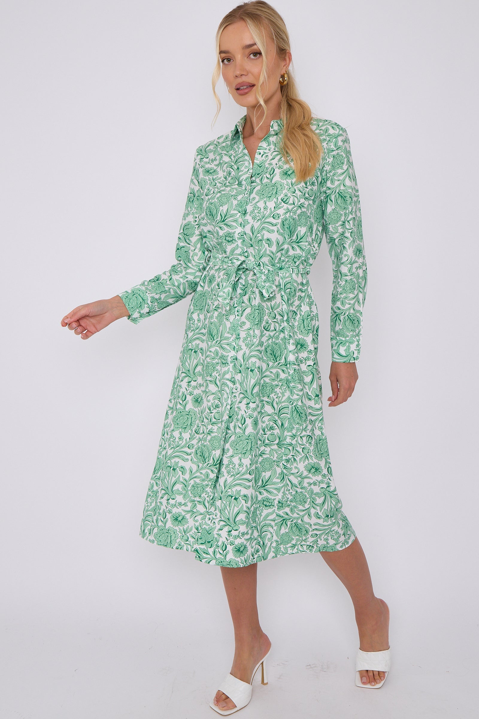 Green Rose Floral Print Long Sleeve Midi Shirt Dress LS-2430-EM2