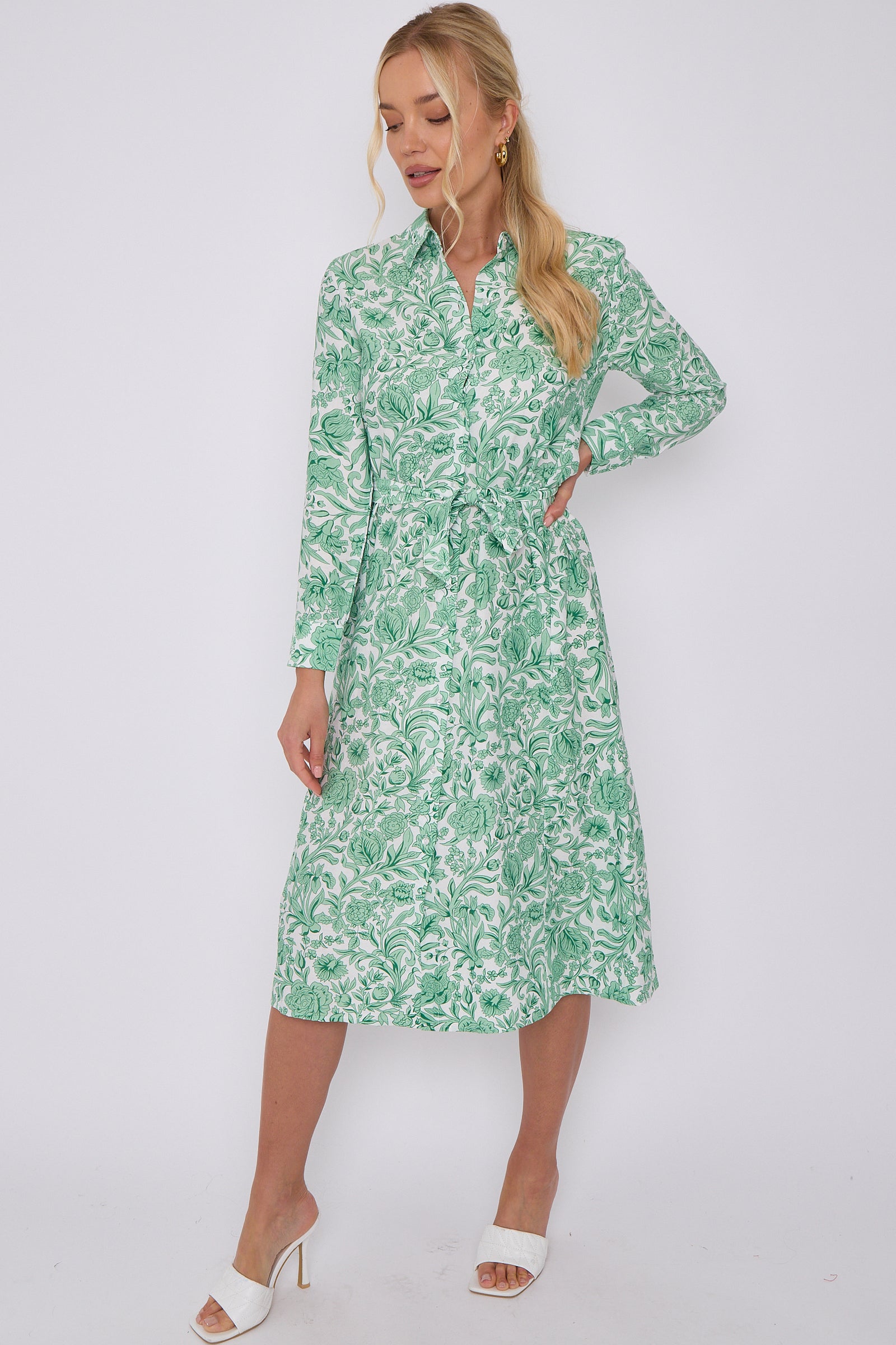 Green Rose Floral Print Long Sleeve Midi Shirt Dress LS-2430-EM2