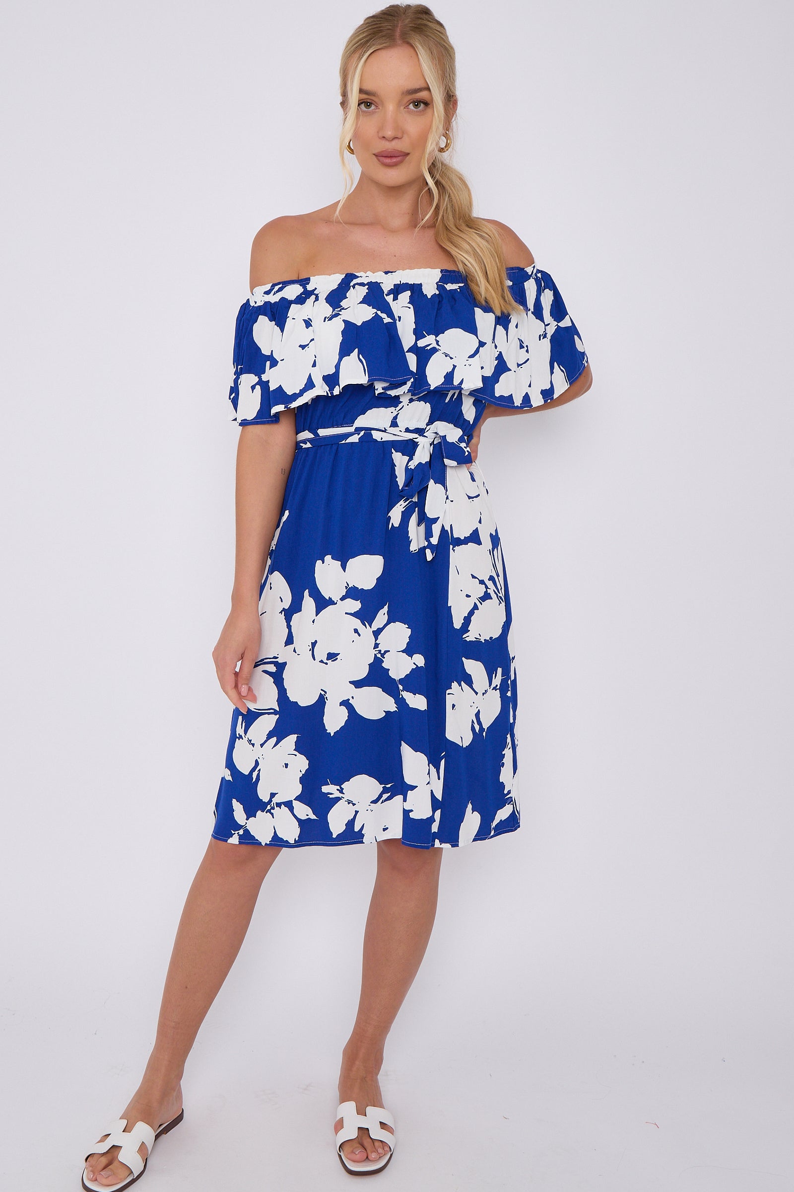 Blue Floral Print Bardot Mini Dress LS-2411S-KC2