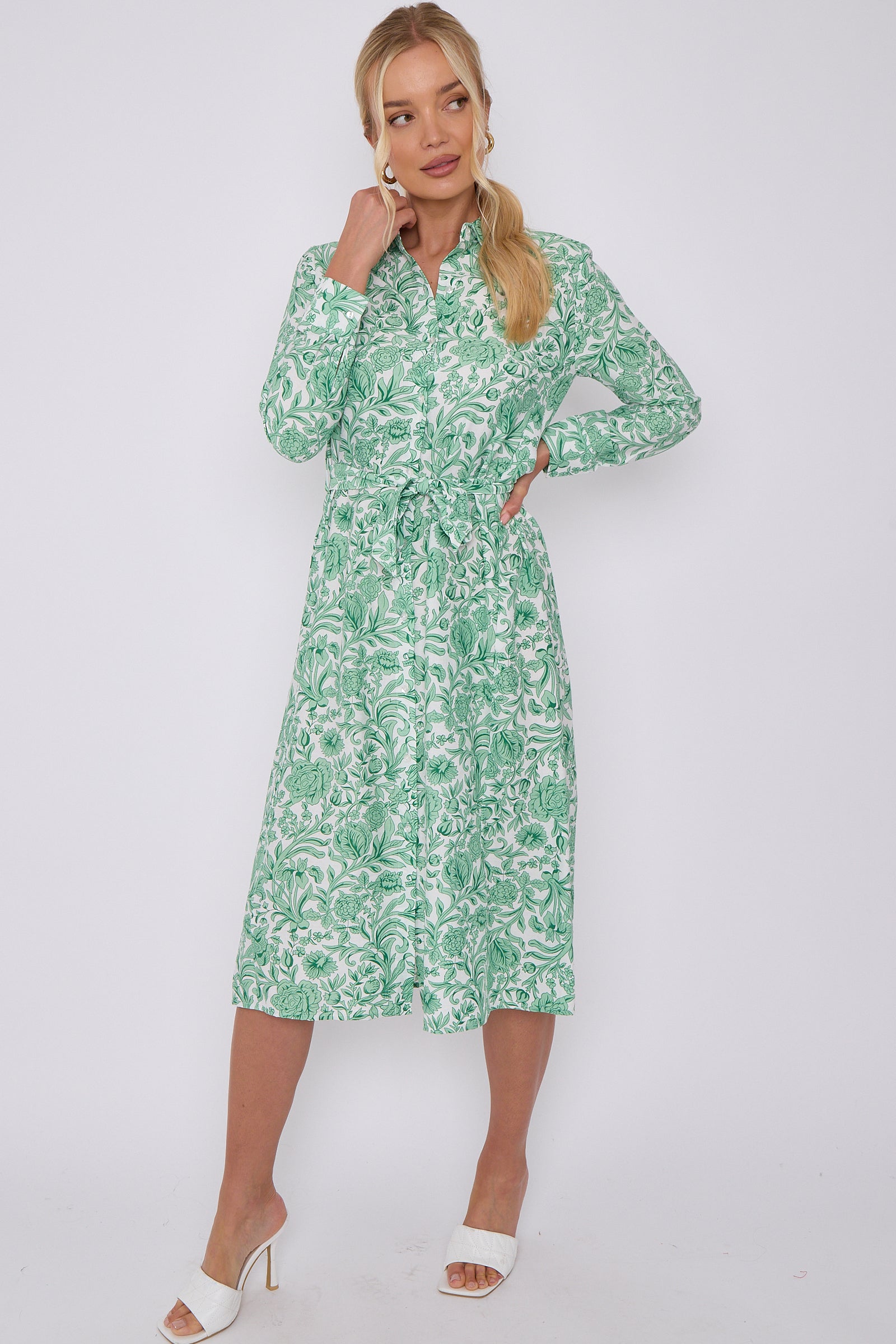 Green Rose Floral Print Long Sleeve Midi Shirt Dress LS-2430-EM2