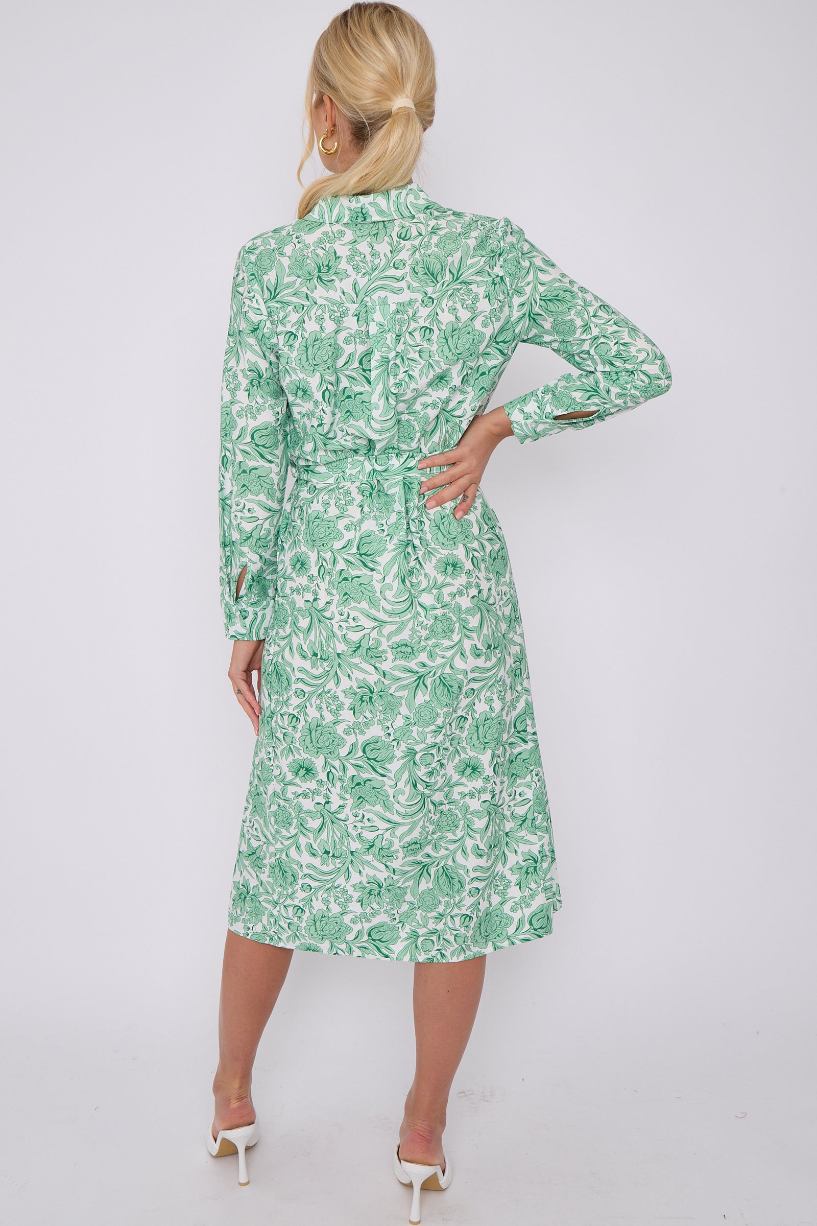 Green Rose Floral Print Long Sleeve Midi Shirt Dress LS-2430-EM2