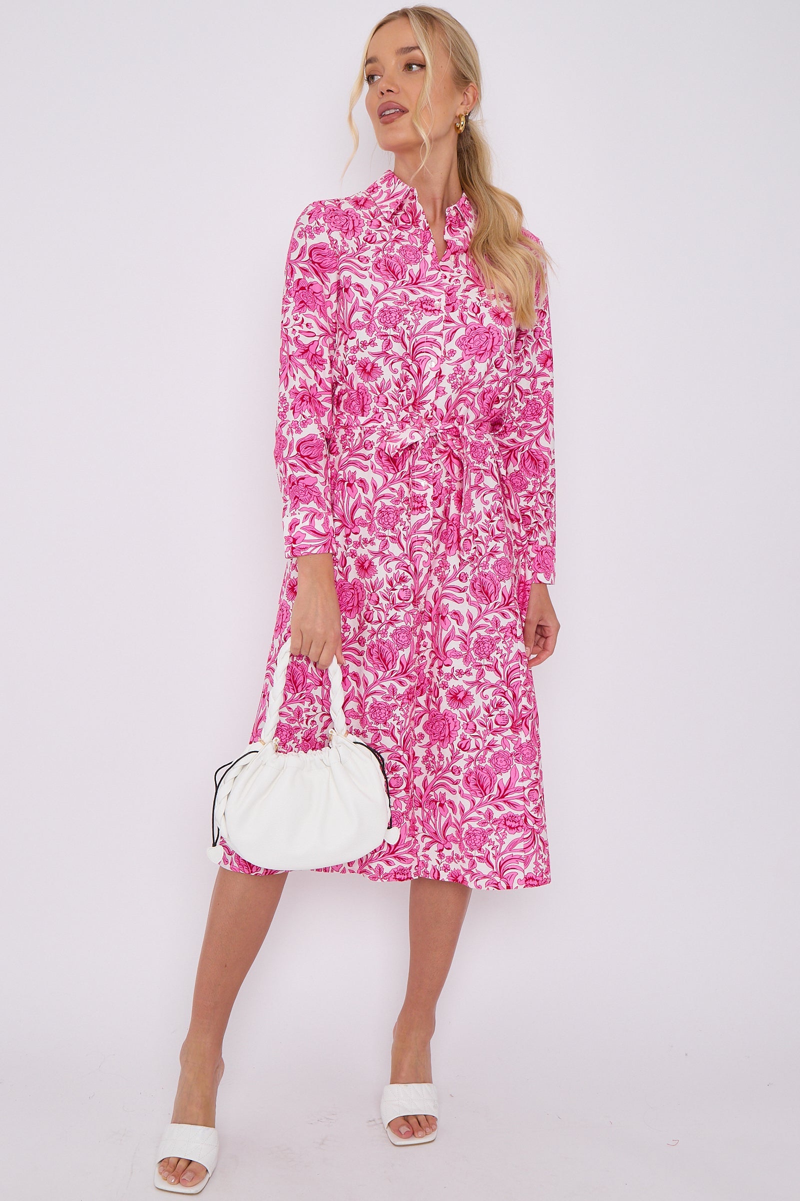 Pink Rose Floral Print Long Sleeve Midi Shirt Dress LS-2430-EM1