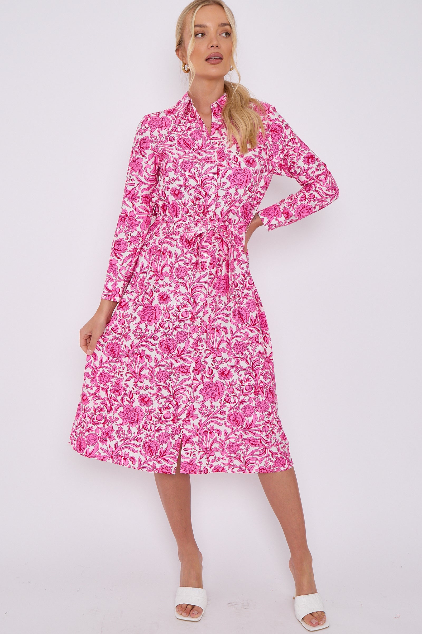 Pink Rose Floral Print Long Sleeve Midi Shirt Dress LS-2430-EM1