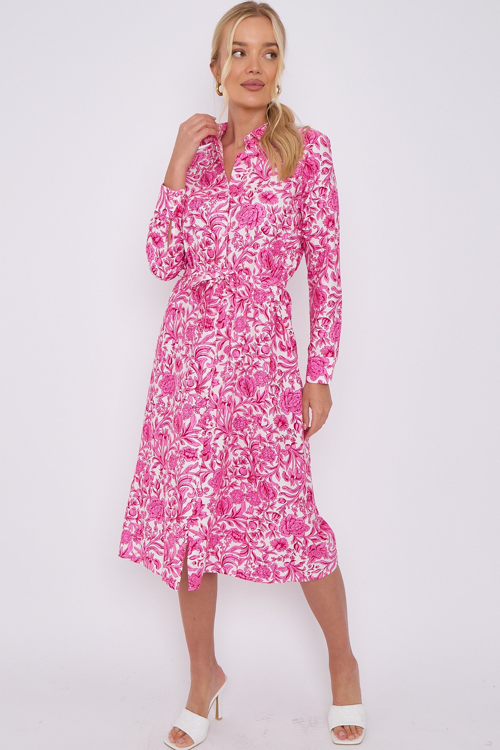 Pink Rose Floral Print Long Sleeve Midi Shirt Dress LS-2430-EM1