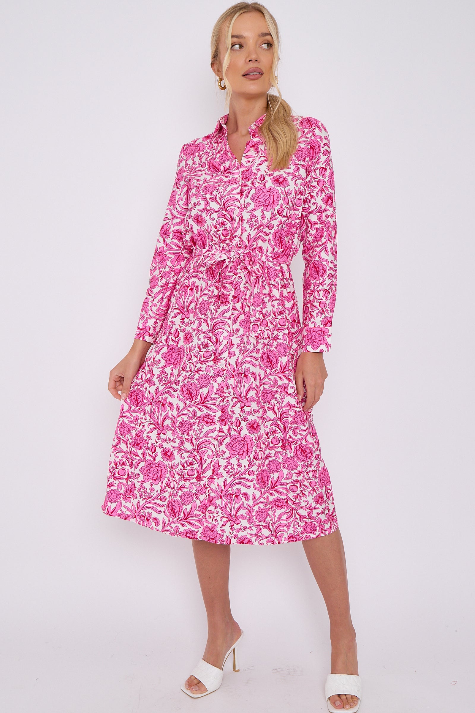 Pink Rose Floral Print Long Sleeve Midi Shirt Dress LS-2430-EM1