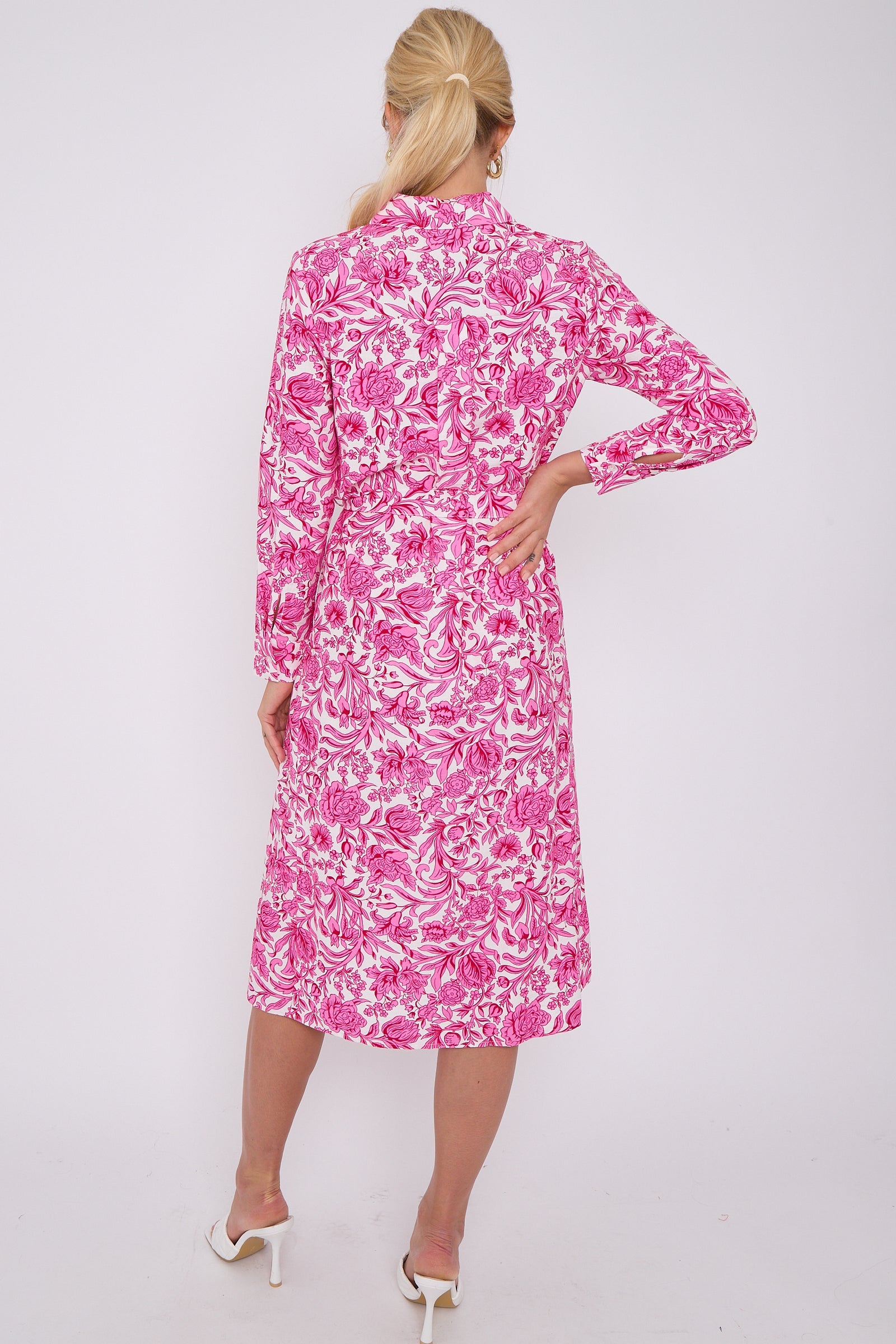 Pink Rose Floral Print Long Sleeve Midi Shirt Dress LS-2430-EM1