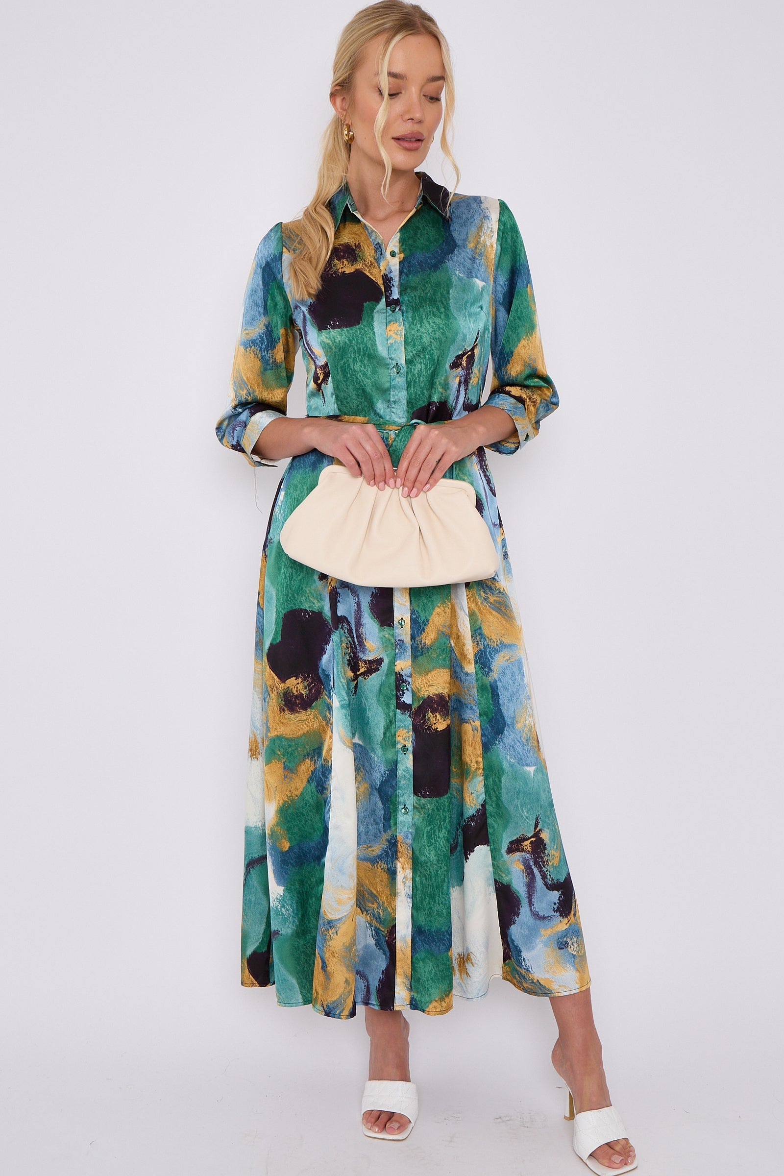 Green Abstract Print Satin Maxi Shirt Dress LS-2280-C14