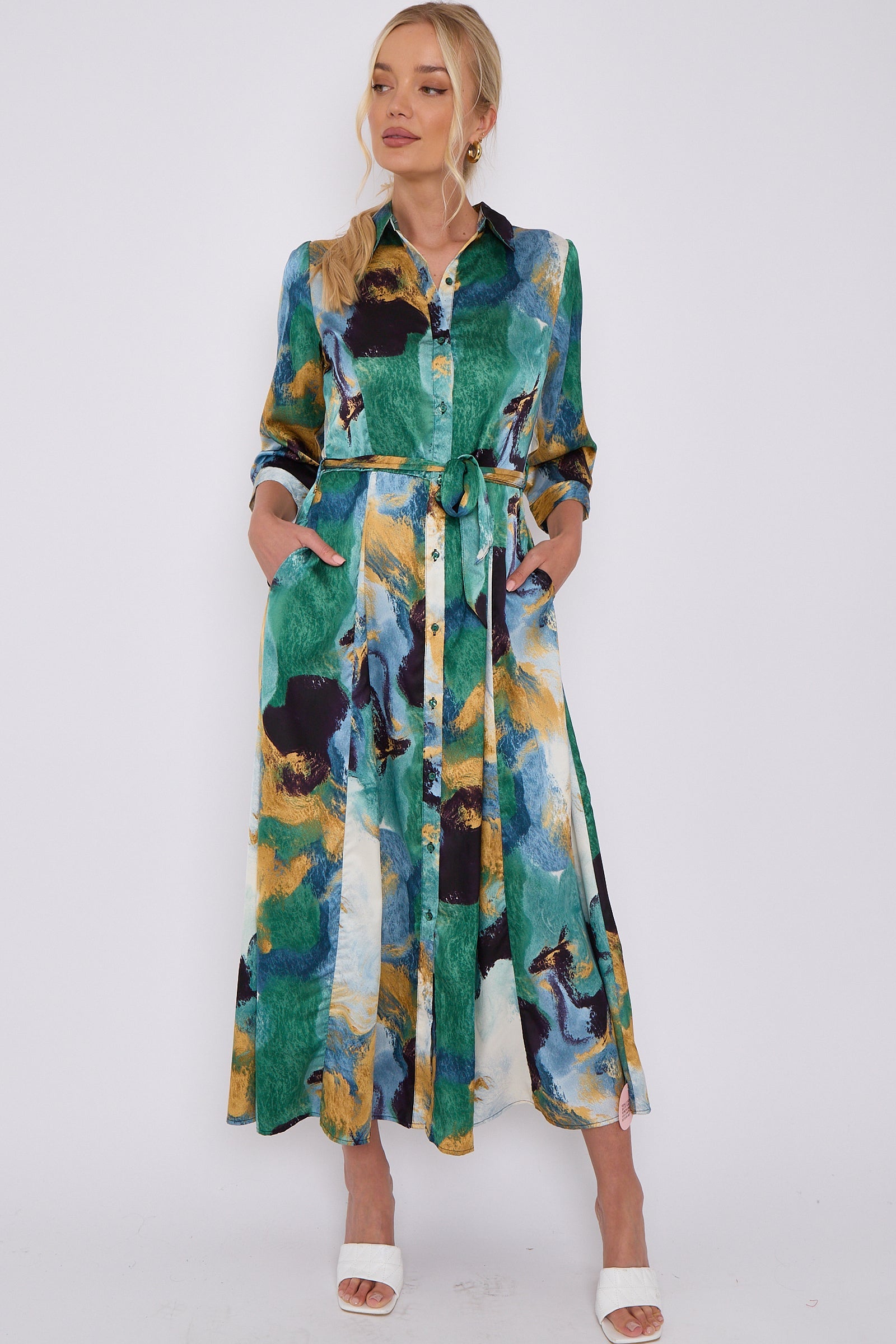 Green Abstract Print Satin Maxi Shirt Dress LS-2280-C14