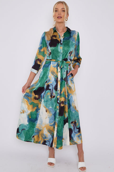 Green Abstract Print Satin Maxi Shirt Dress LS-2280-C14