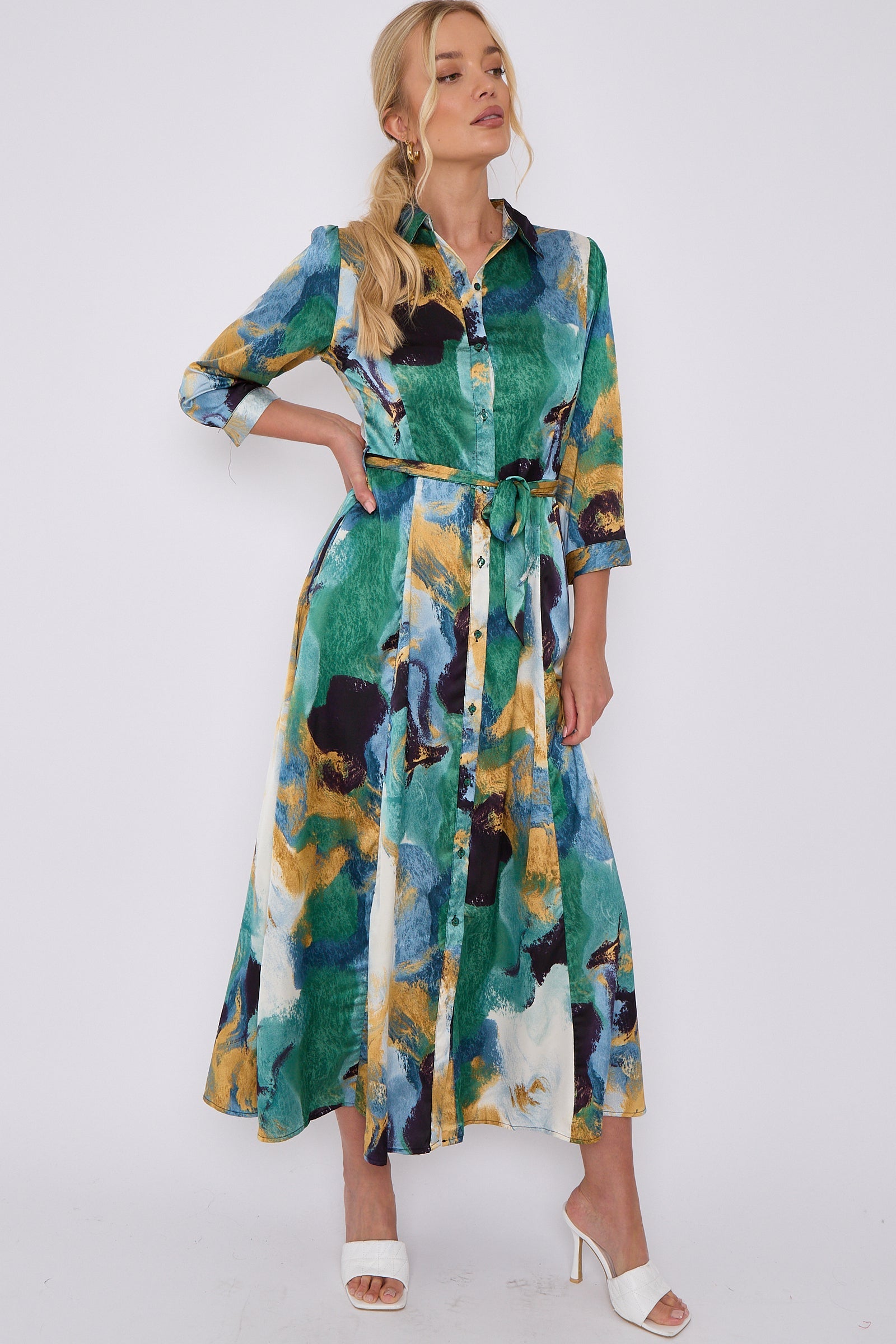 Green Abstract Print Satin Maxi Shirt Dress LS-2280-C14