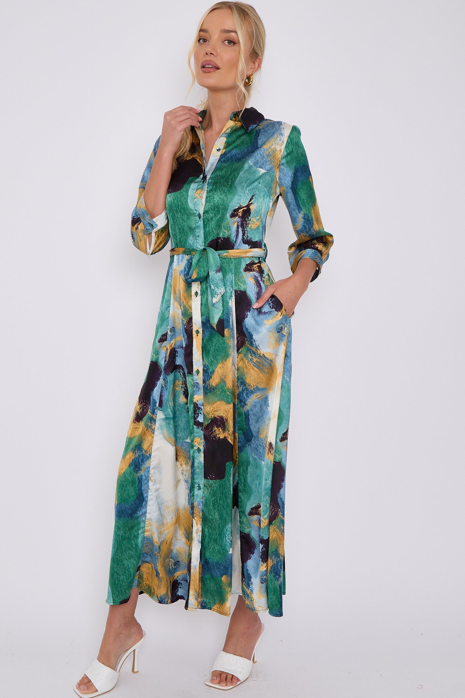 Green Abstract Print Satin Maxi Shirt Dress LS-2280-C14