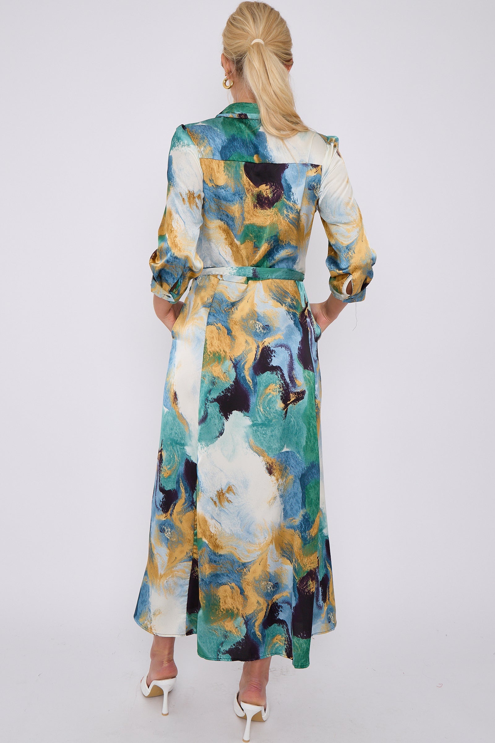 Green Abstract Print Satin Maxi Shirt Dress LS-2280-C14