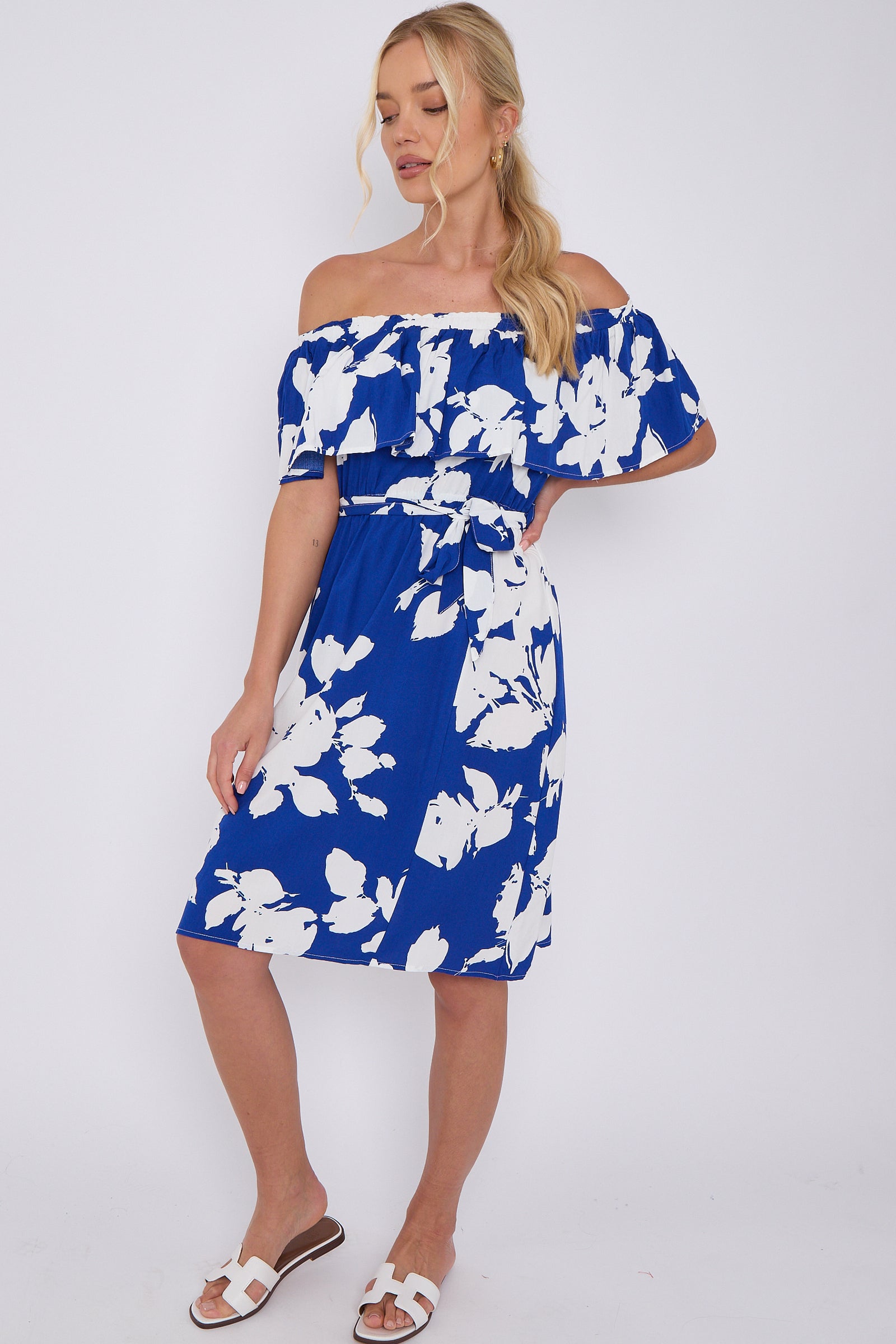 Blue Floral Print Bardot Mini Dress LS-2411S-KC2