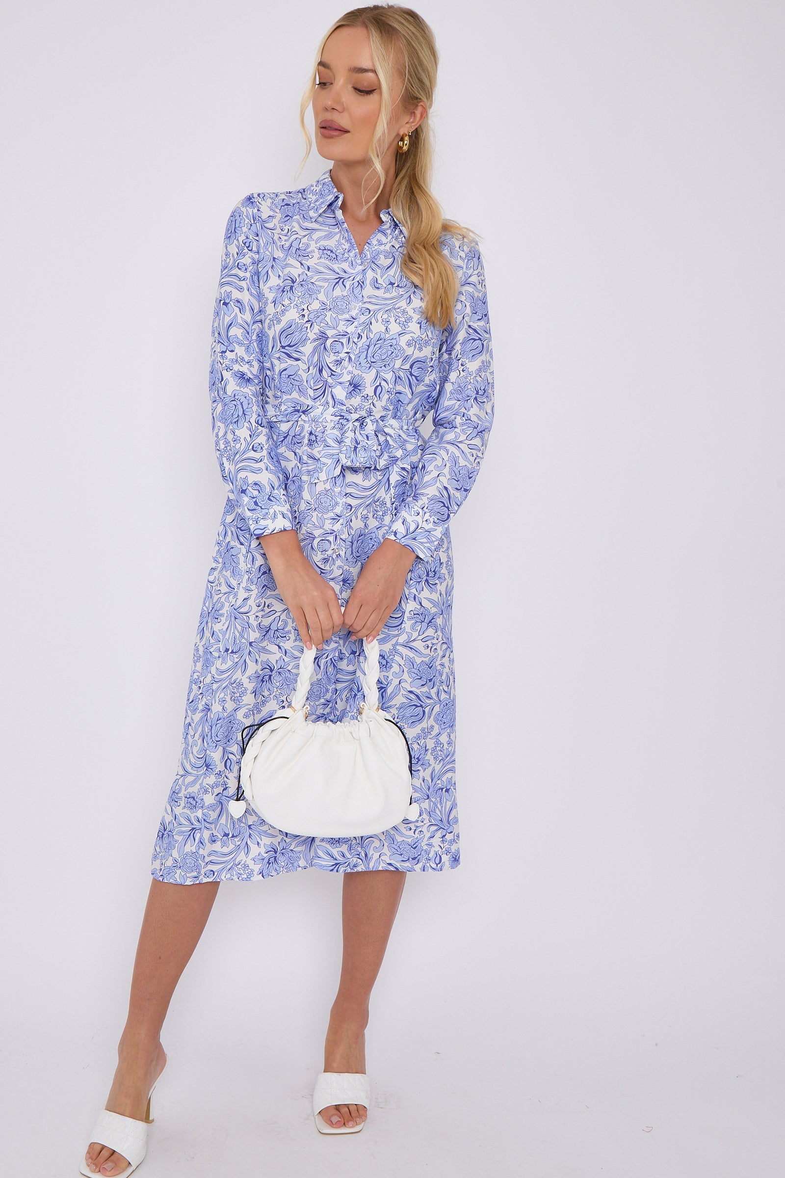 Blue Rose Floral Print Long Sleeve Midi Shirt Dress LS-2430-EM3