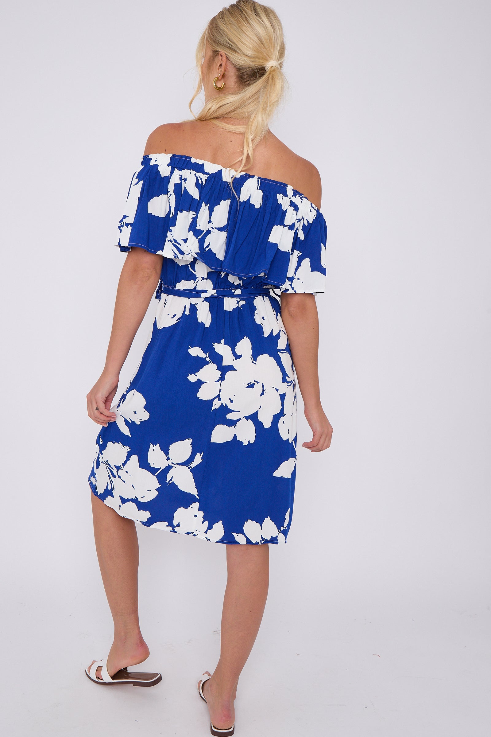 Blue Floral Print Bardot Mini Dress LS-2411S-KC2