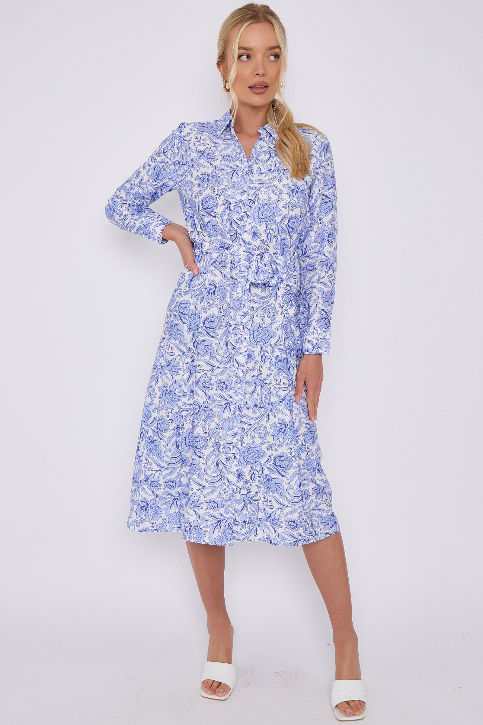 Blue Rose Floral Print Long Sleeve Midi Shirt Dress LS-2430-EM3