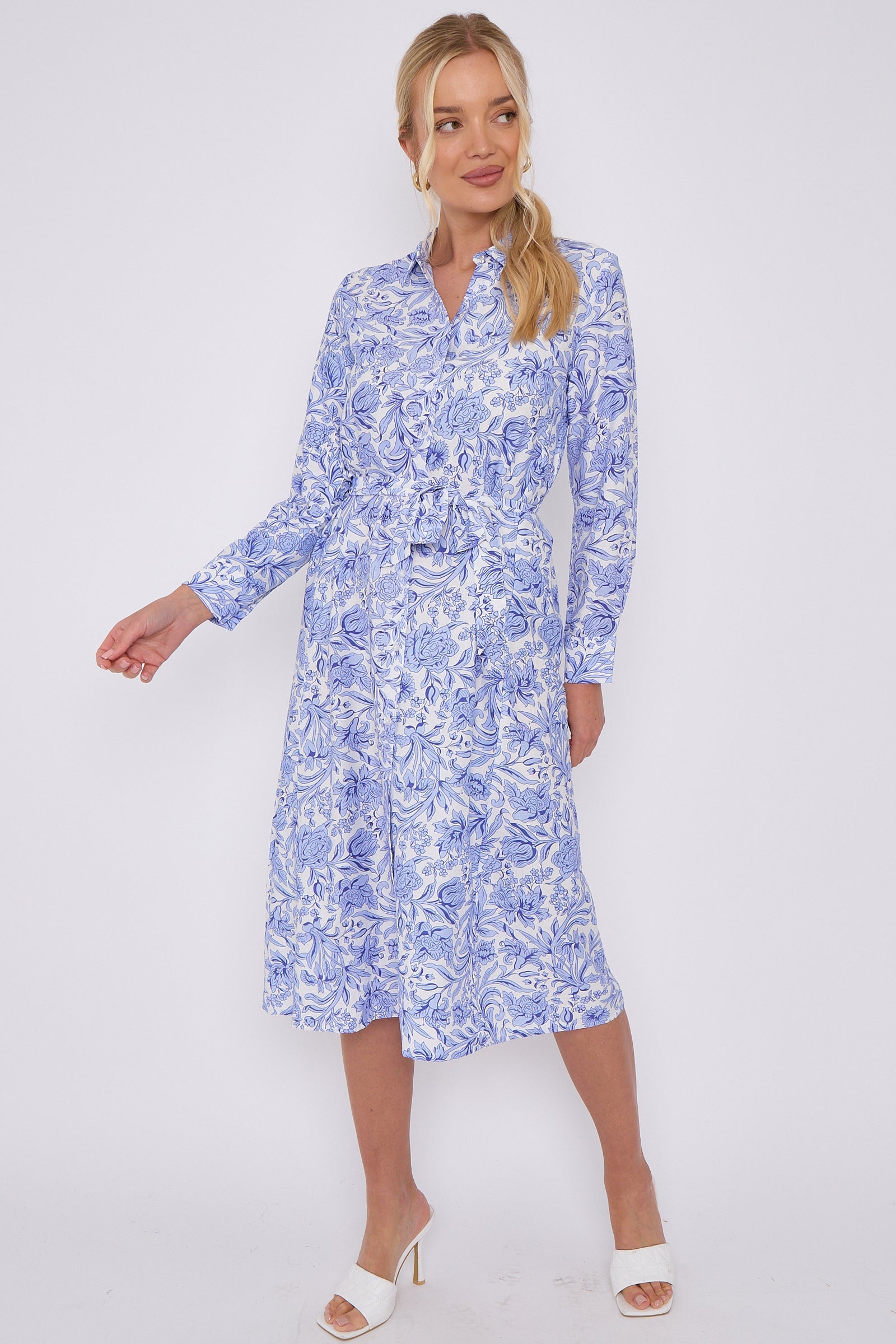 Blue Rose Floral Print Long Sleeve Midi Shirt Dress LS-2430-EM3