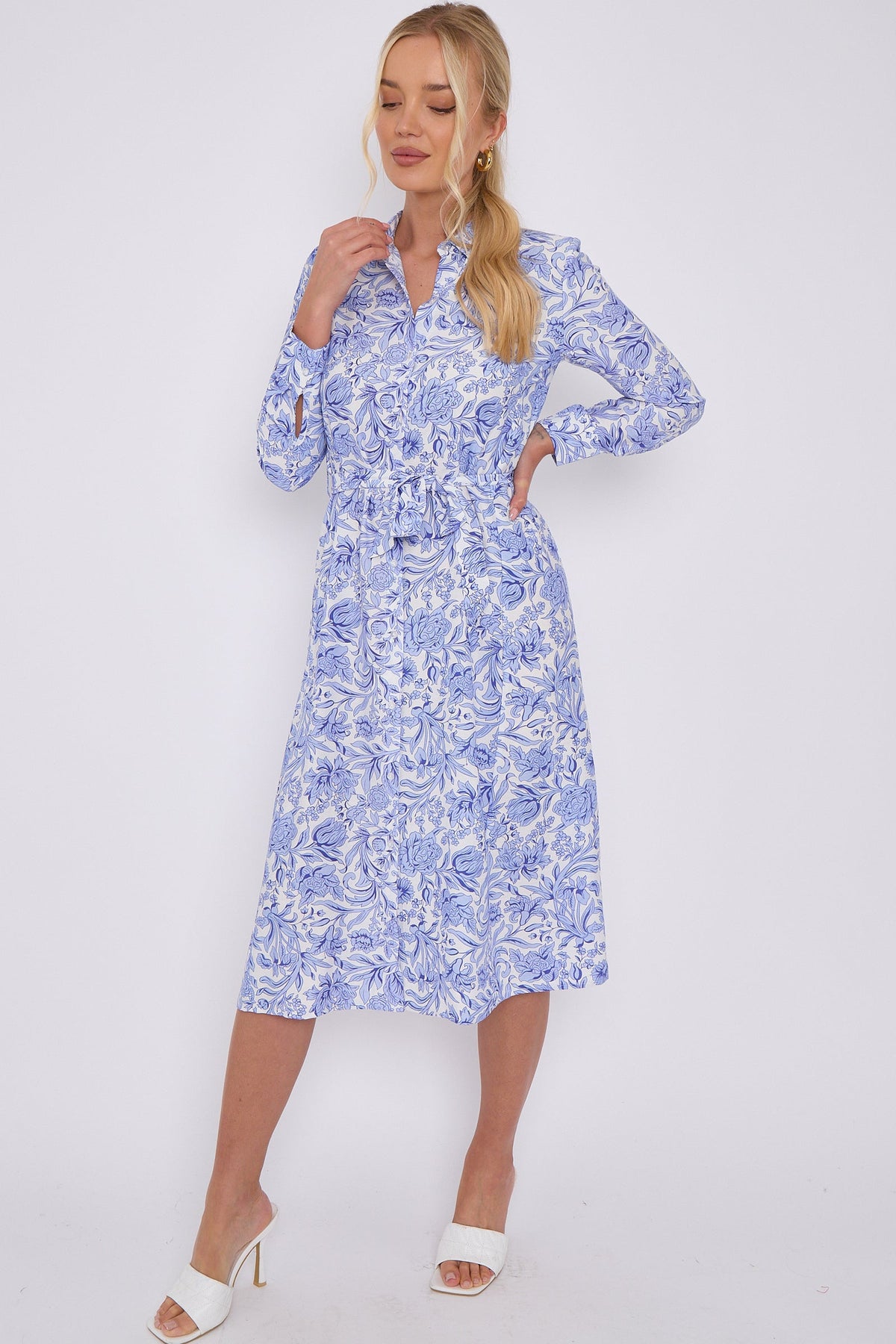 Blue Rose Floral Print Long Sleeve Midi Shirt Dress LS-2430-EM3