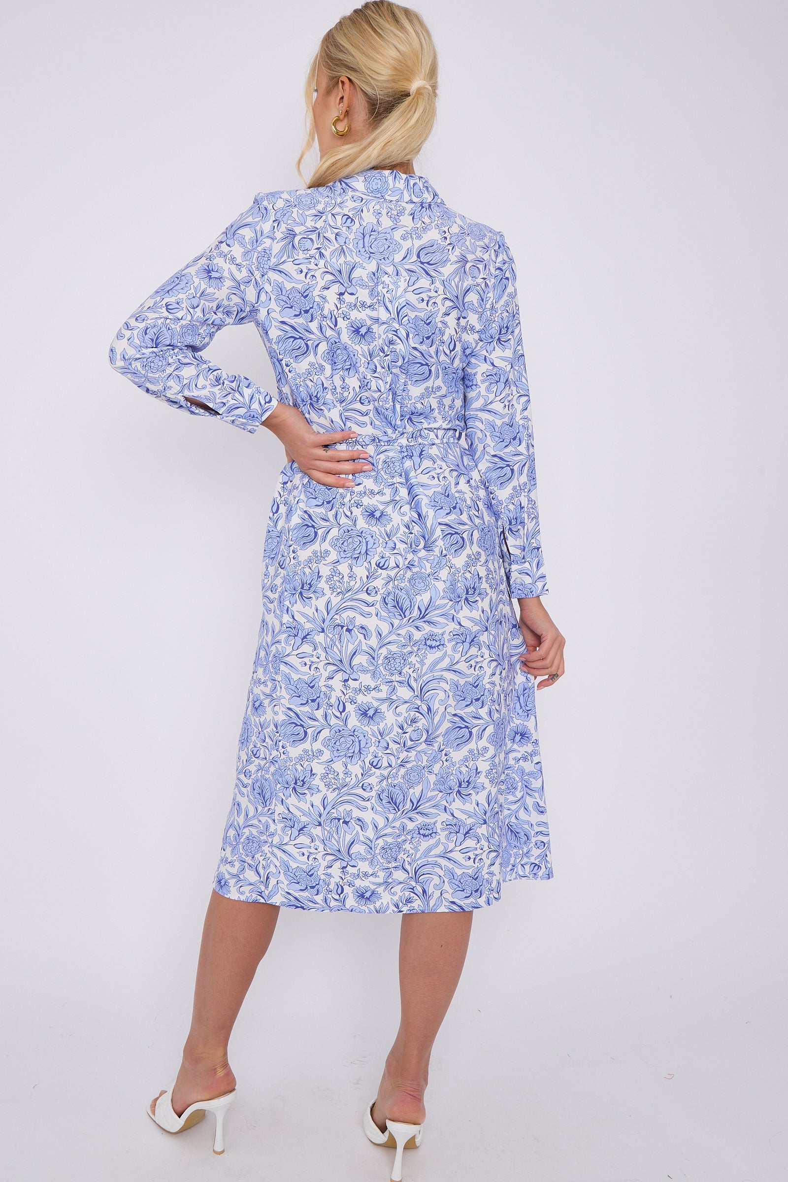 Blue Rose Floral Print Long Sleeve Midi Shirt Dress LS-2430-EM3