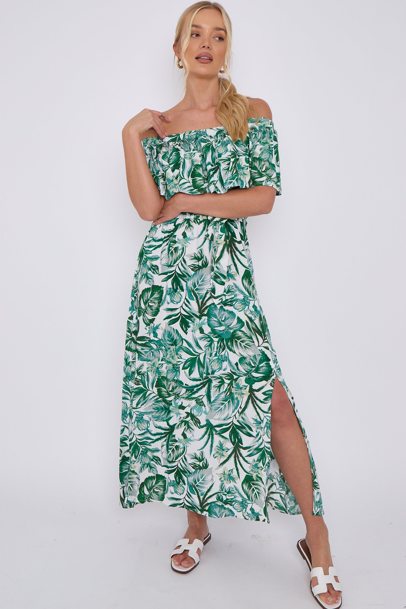 Green Leaf Floral Print Bardot Maxi Dress LS-2411-KB4