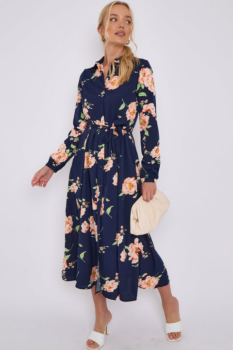 Navy Floral Print Midaxi Shirt Dress LS-2037-C117