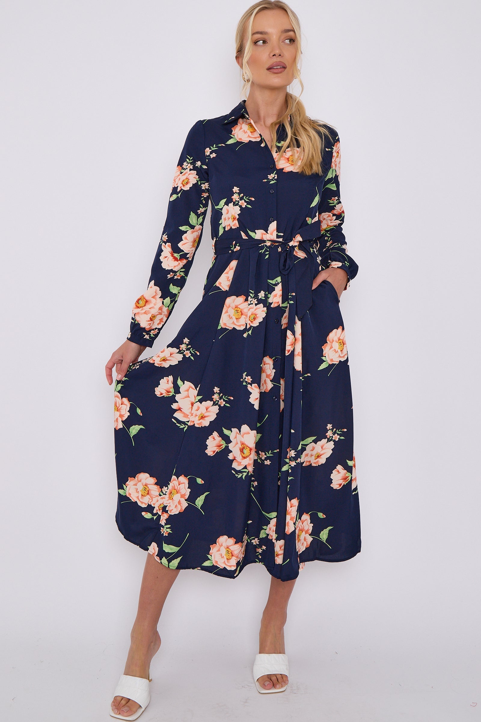 Navy Floral Print Midaxi Shirt Dress LS-2037-C117