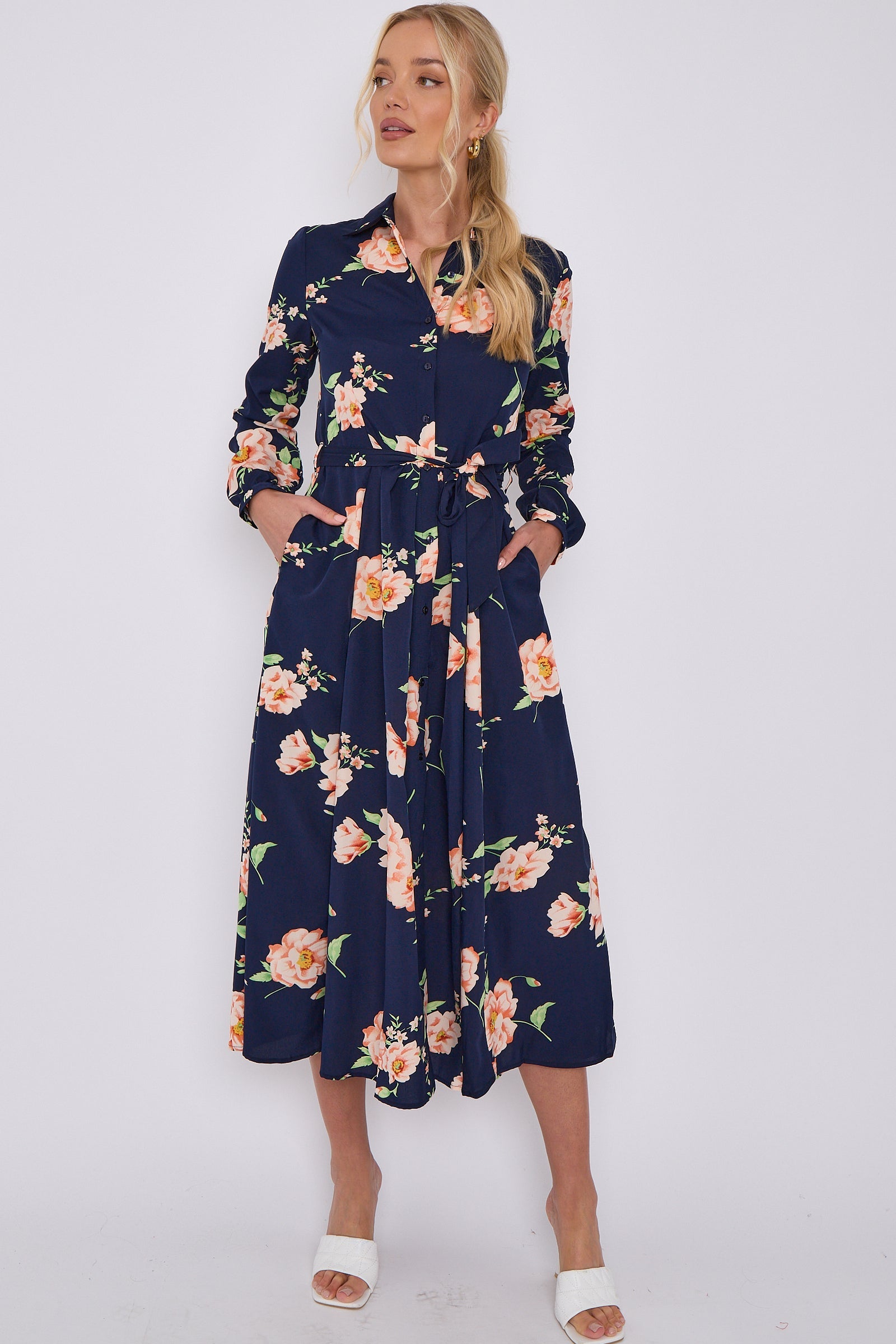 Navy Floral Print Midaxi Shirt Dress LS-2037-C117