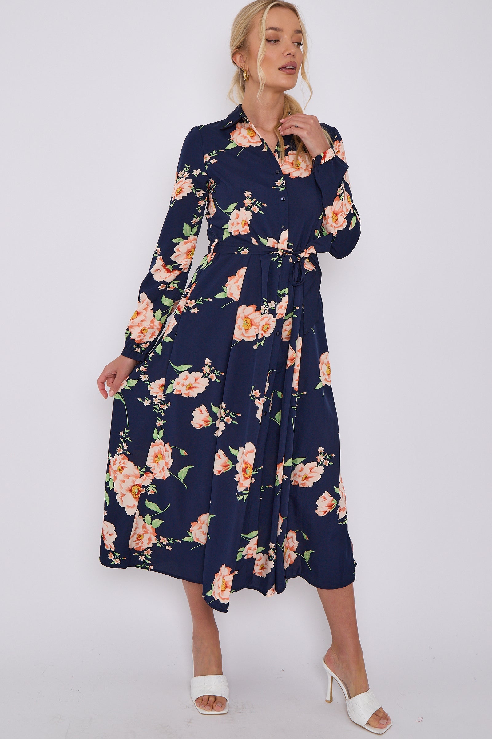 Navy Floral Print Midaxi Shirt Dress LS-2037-C117