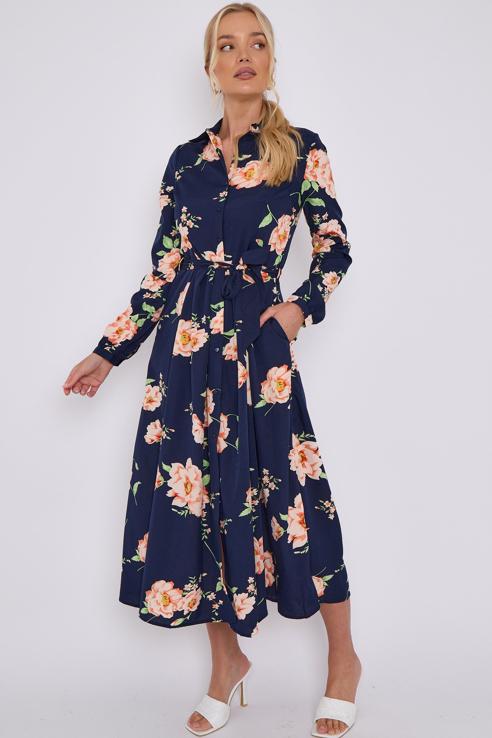 Navy Floral Print Midaxi Shirt Dress LS-2037-C117