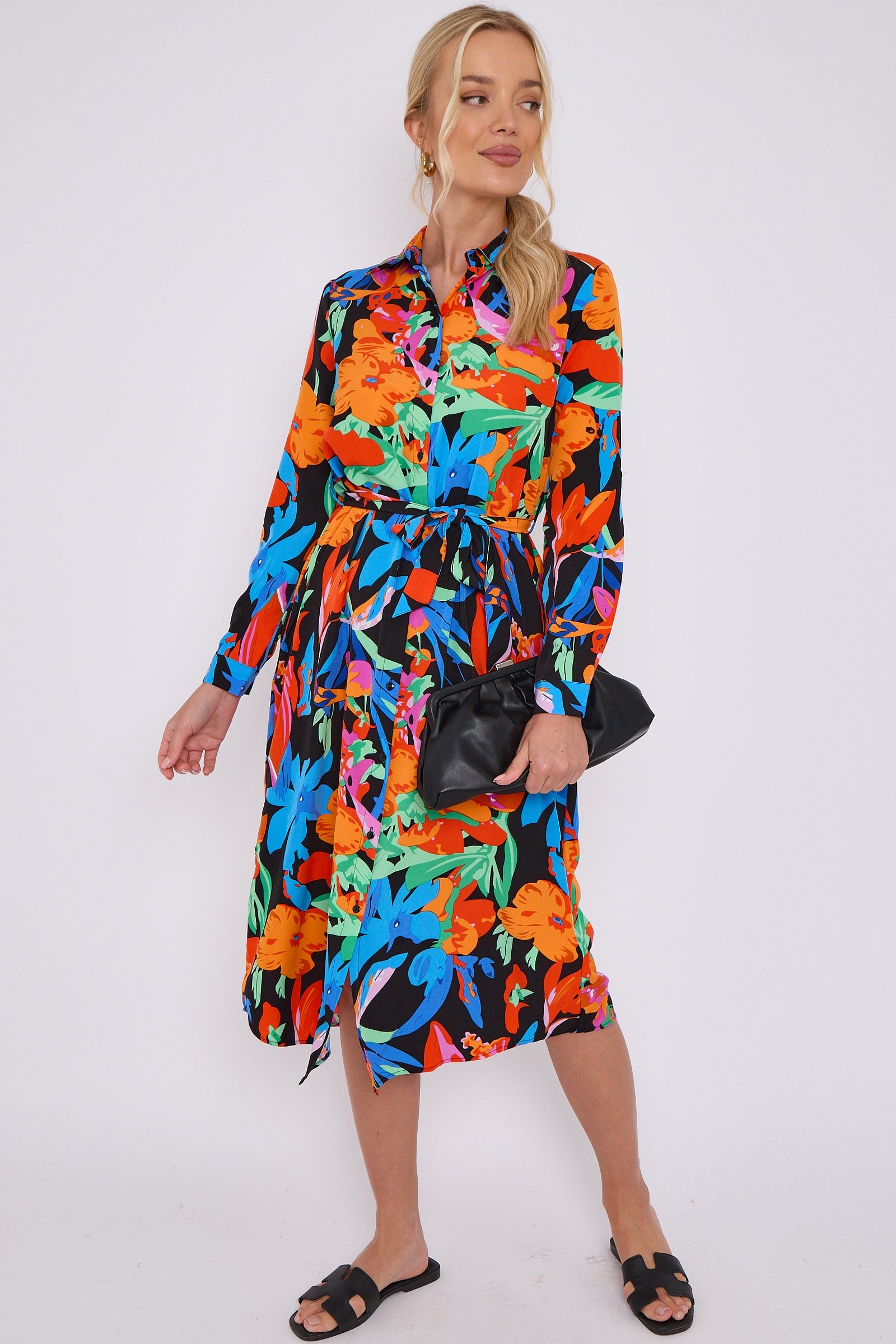 Astract Floral Print Midi Shirt Dress LS-2156L-S44