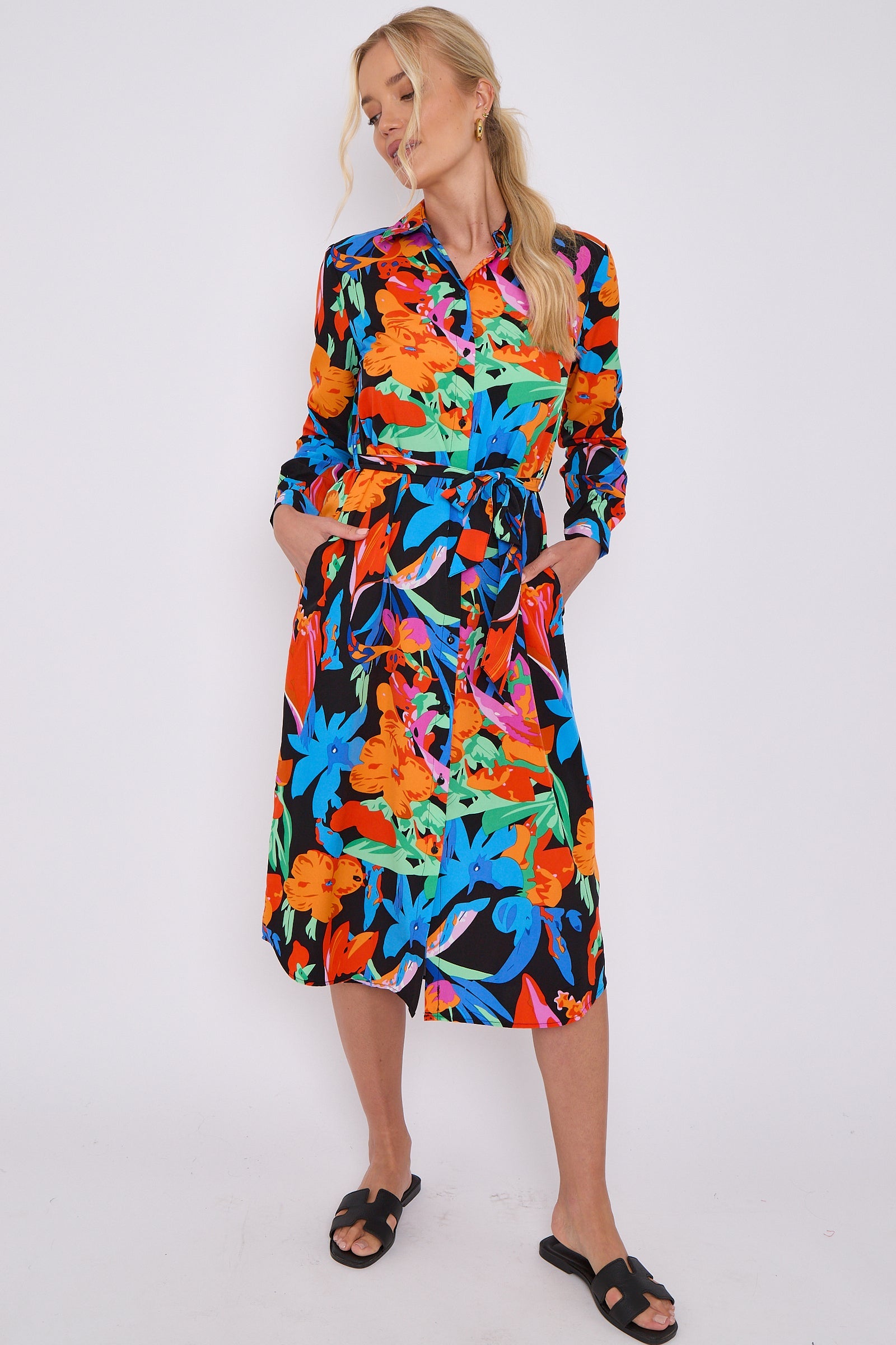 Astract Floral Print Midi Shirt Dress LS-2156L-S44